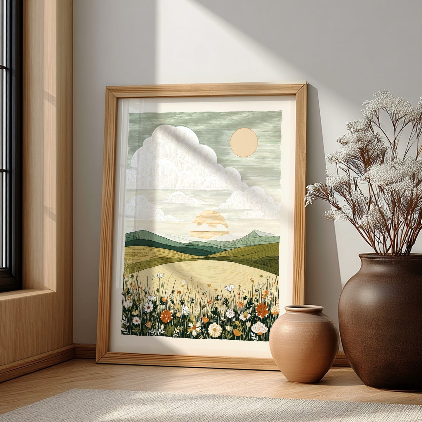 A textured art poster of a wildflower meadow with rolling hills and a soft sunset.