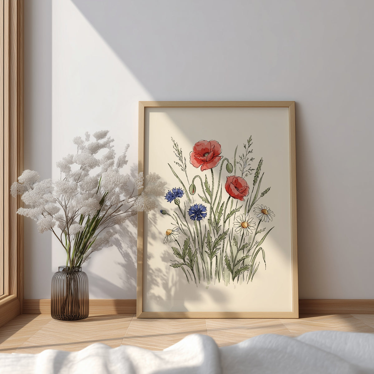 Poster featuring watercolour wildflowers including red poppies, blue cornflowers, and white daisies on cream.