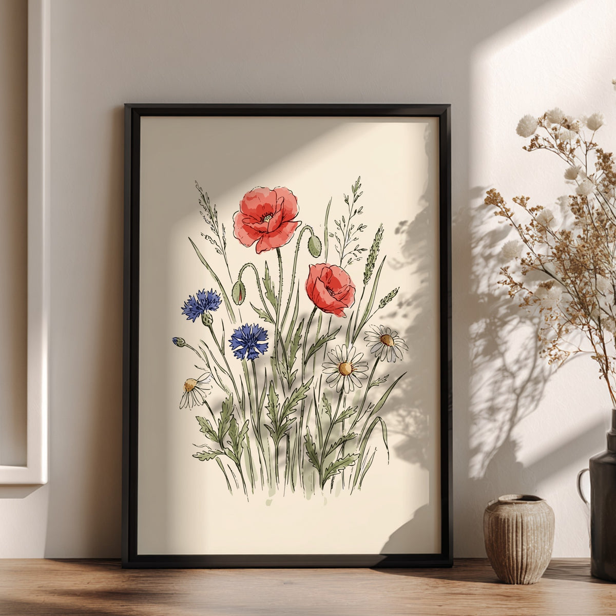 Poster featuring watercolour wildflowers including red poppies, blue cornflowers, and white daisies on cream.