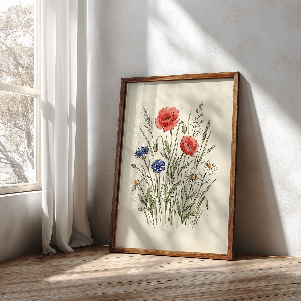 Poster featuring watercolour wildflowers including red poppies, blue cornflowers, and white daisies on cream.