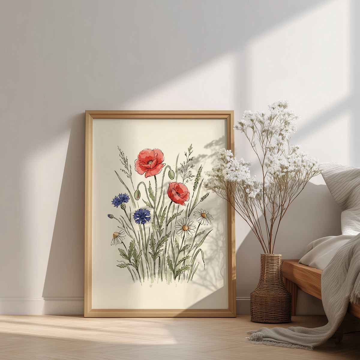 Poster featuring watercolour wildflowers including red poppies, blue cornflowers, and white daisies on cream.