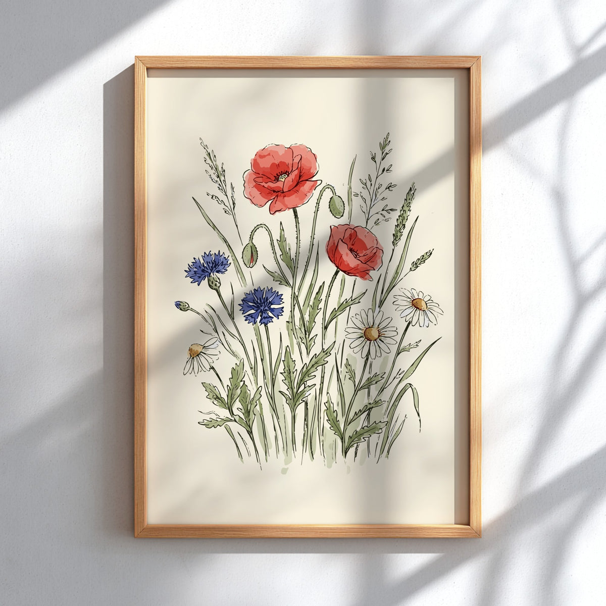 Poster featuring watercolour wildflowers including red poppies, blue cornflowers, and white daisies on cream.