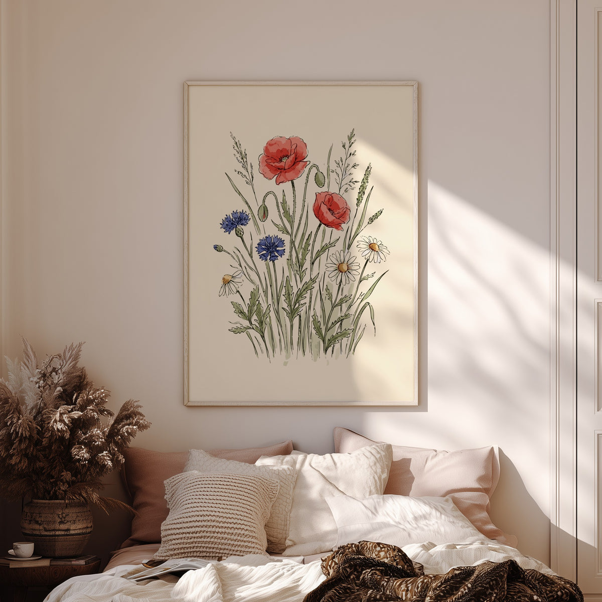 Poster featuring watercolour wildflowers including red poppies, blue cornflowers, and white daisies on cream.