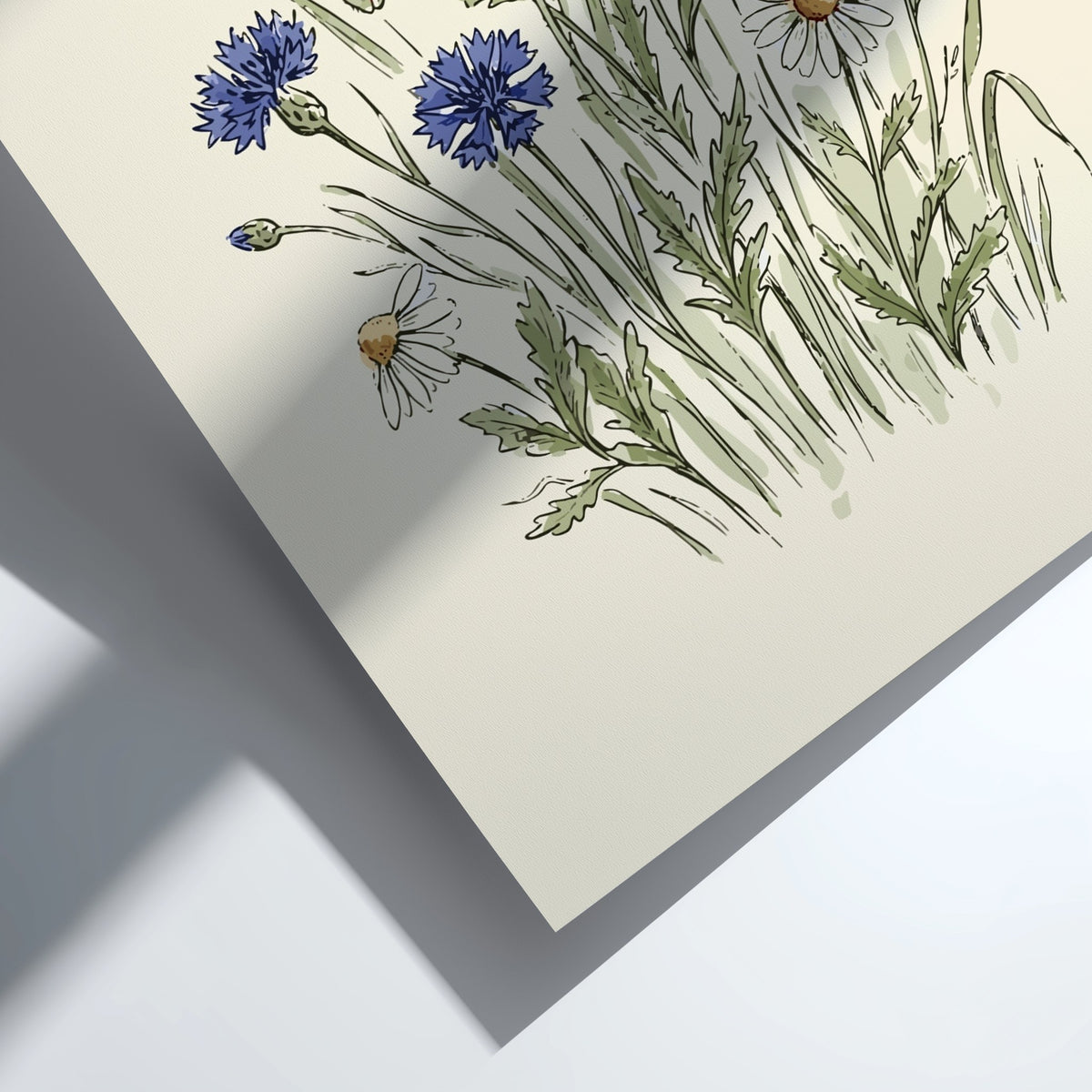 Poster featuring watercolour wildflowers including red poppies, blue cornflowers, and white daisies on cream.