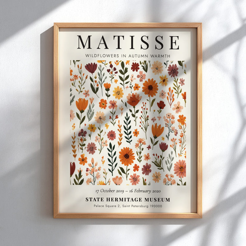 Henri Matisse poster featuring wildflowers in warm autumn colors, floral art for home decor.
