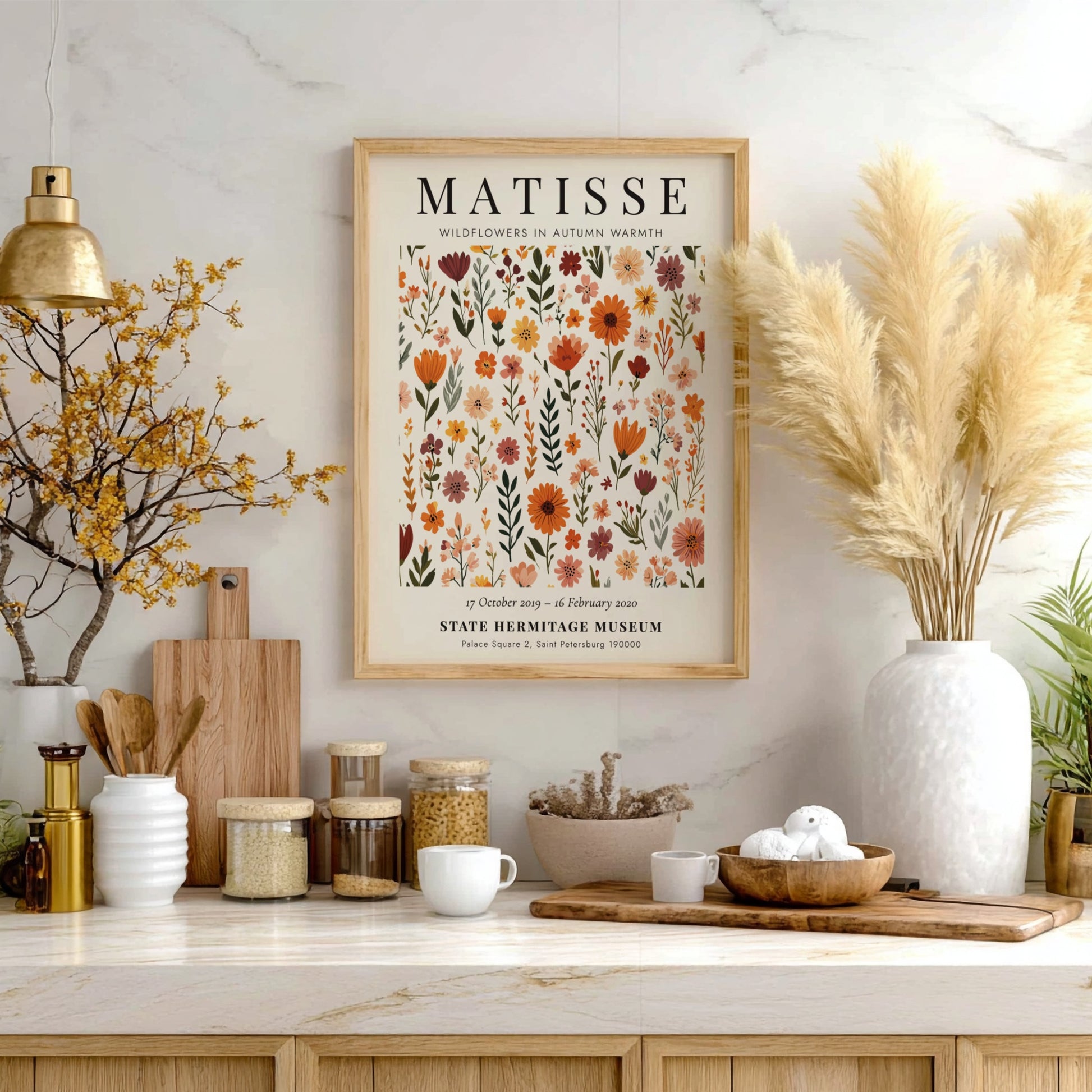 Henri Matisse poster featuring wildflowers in warm autumn colors, floral art for home decor.