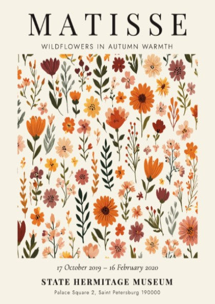 Henri Matisse poster featuring wildflowers in warm autumn colors, floral art for home decor.