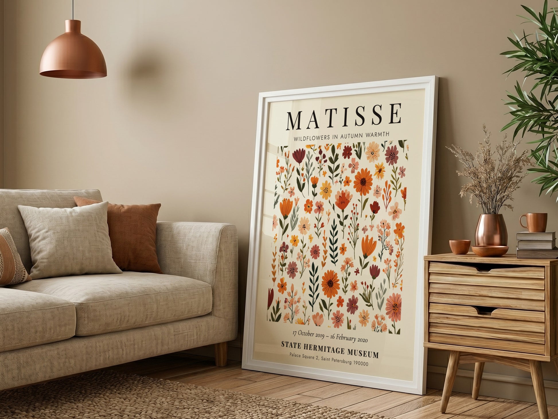 Henri Matisse poster featuring wildflowers in warm autumn colors, floral art for home decor.