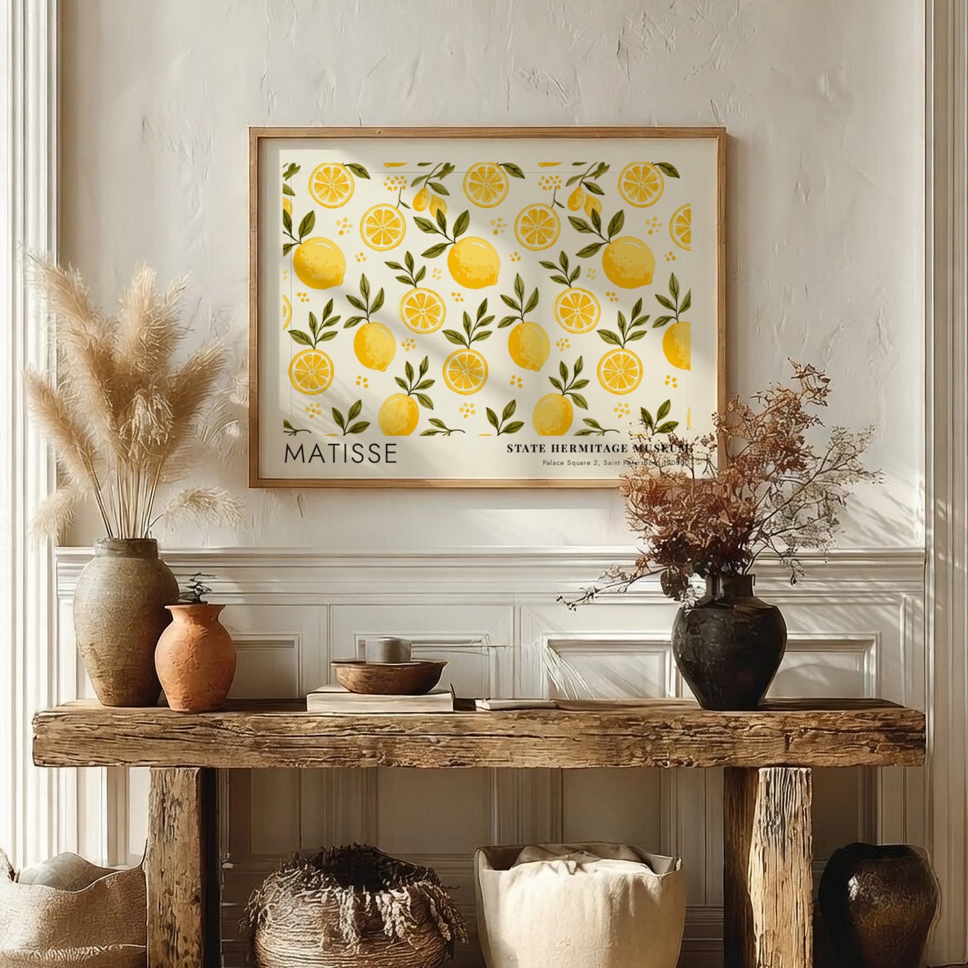 Wildflowers in Autumn Warmth poster featuring vibrant yellow and green floral patterns in a Matisse style