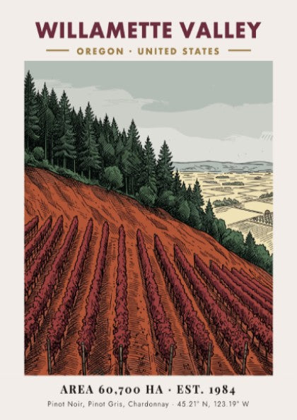 Poster of Willamette Valley vineyard with rows of crimson vines and forest backdrop.