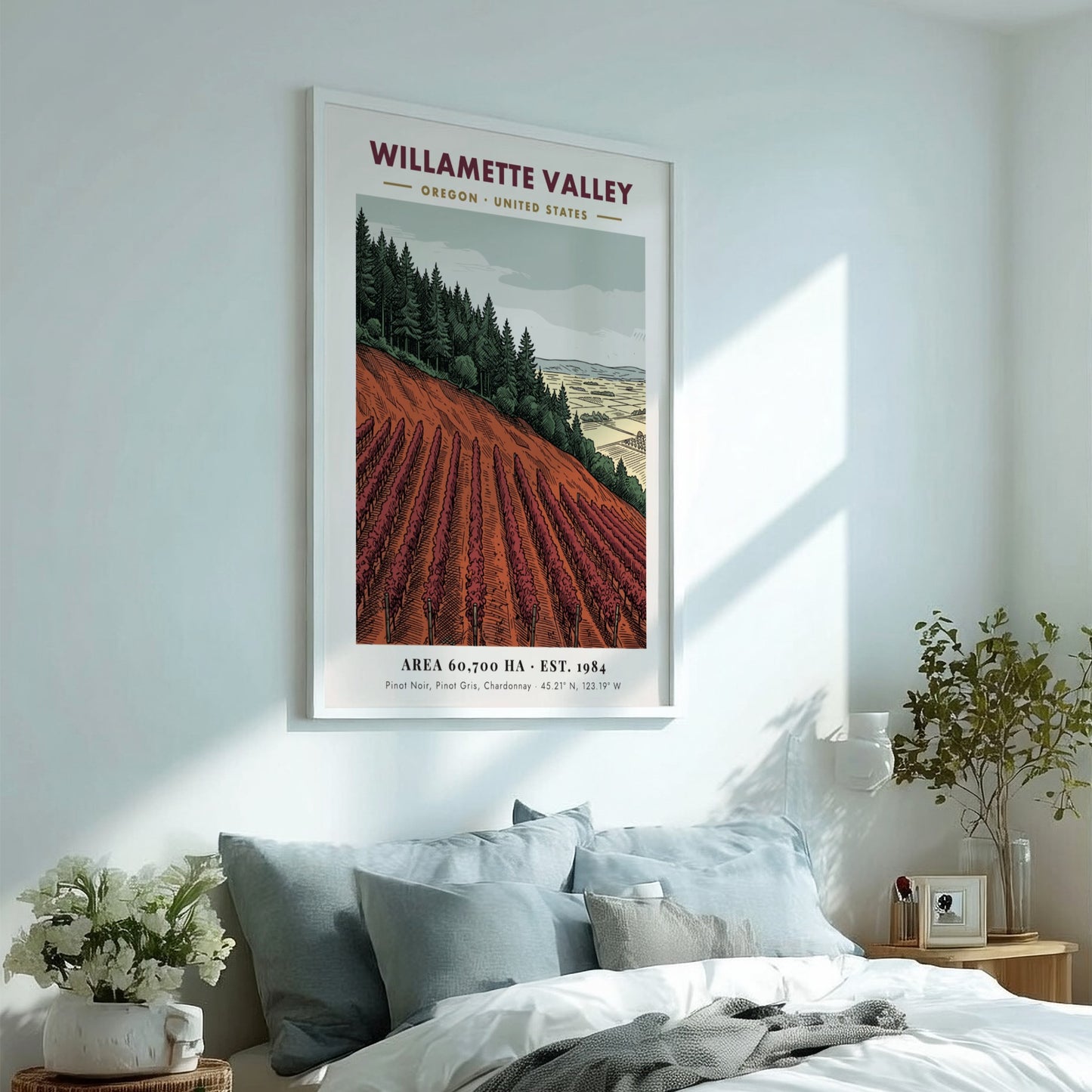 Poster of Willamette Valley vineyard with rows of crimson vines and forest backdrop.