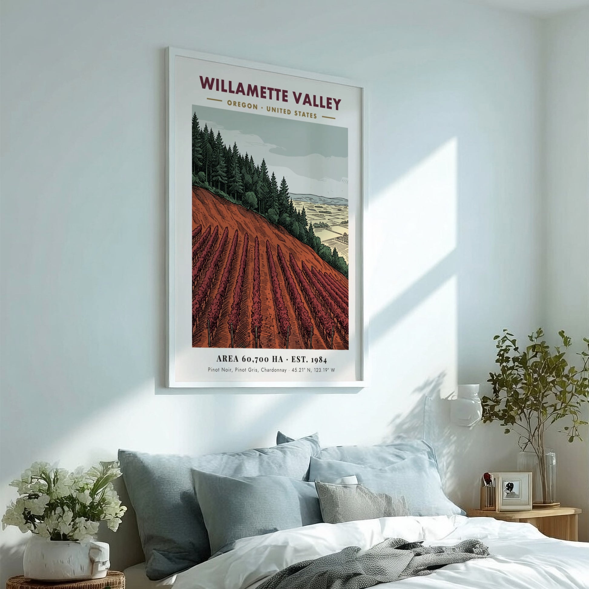 Poster of Willamette Valley vineyard with rows of crimson vines and forest backdrop.