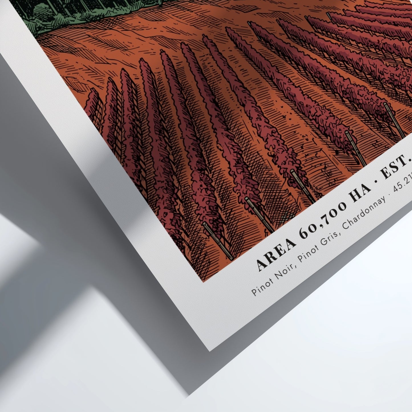 Poster of Willamette Valley vineyard with rows of crimson vines and forest backdrop.