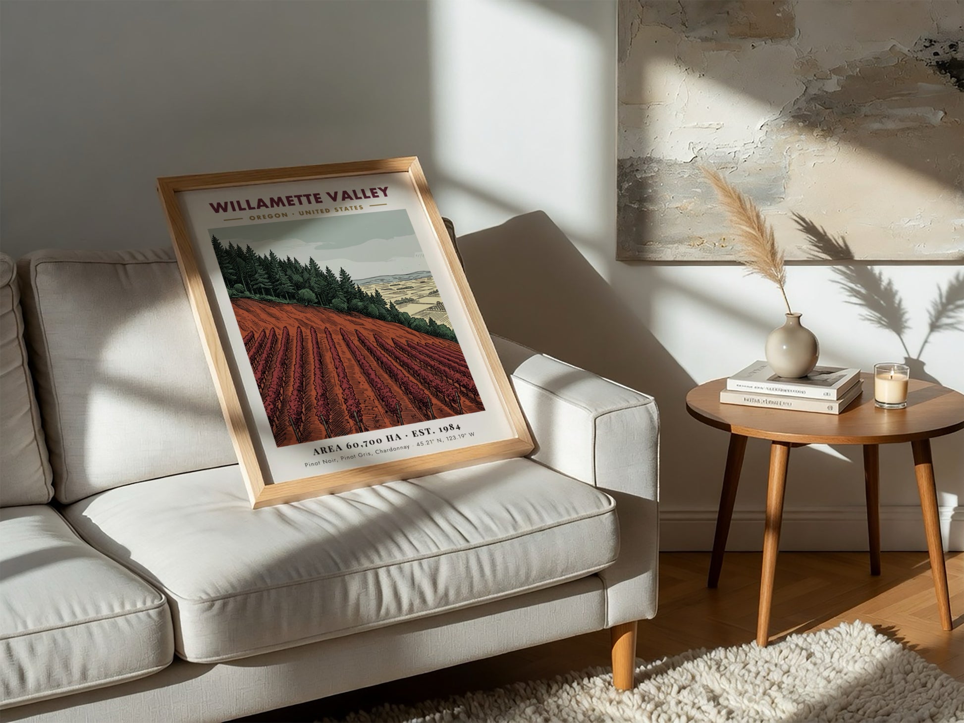 Poster of Willamette Valley vineyard with rows of crimson vines and forest backdrop.