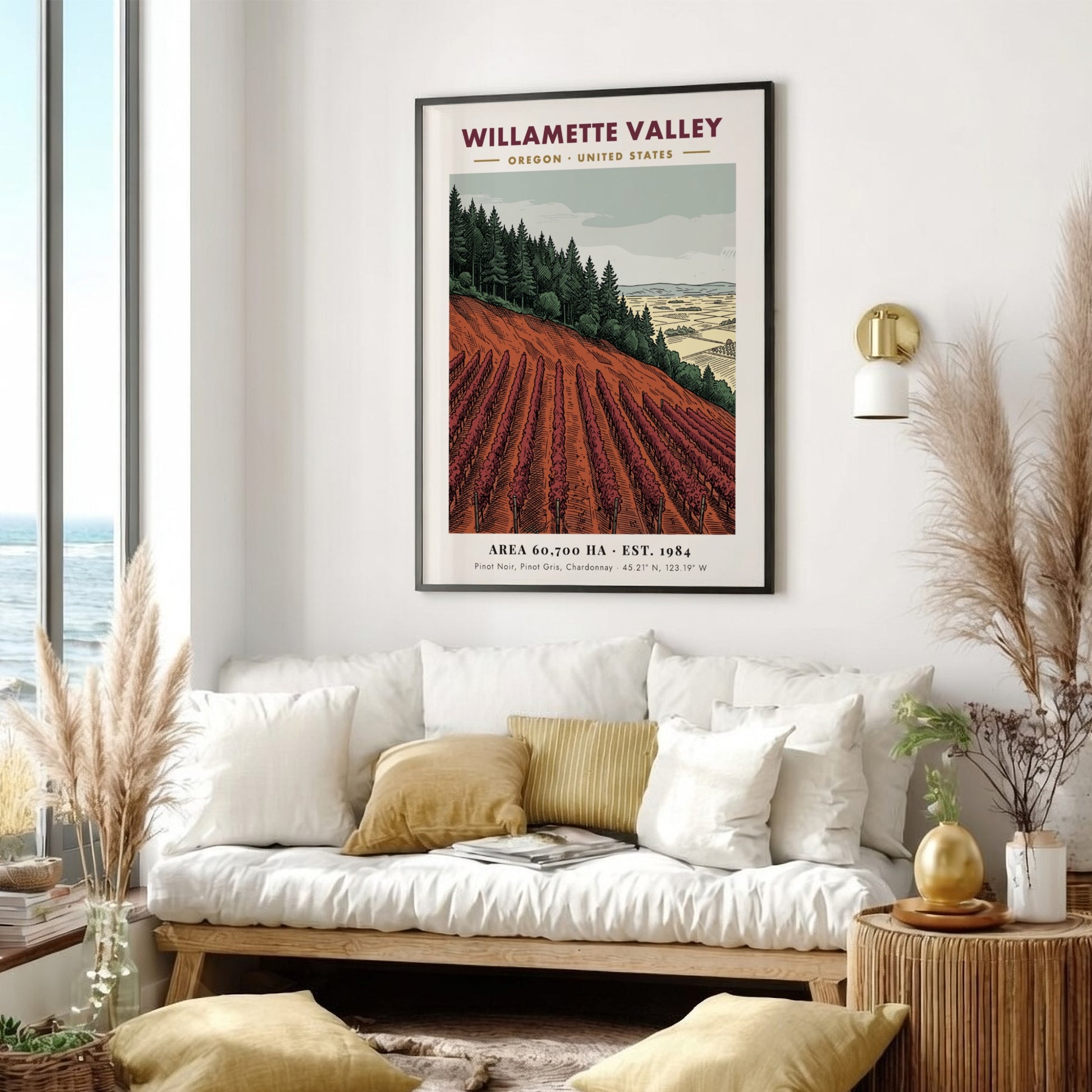 Poster of Willamette Valley vineyard with rows of crimson vines and forest backdrop.