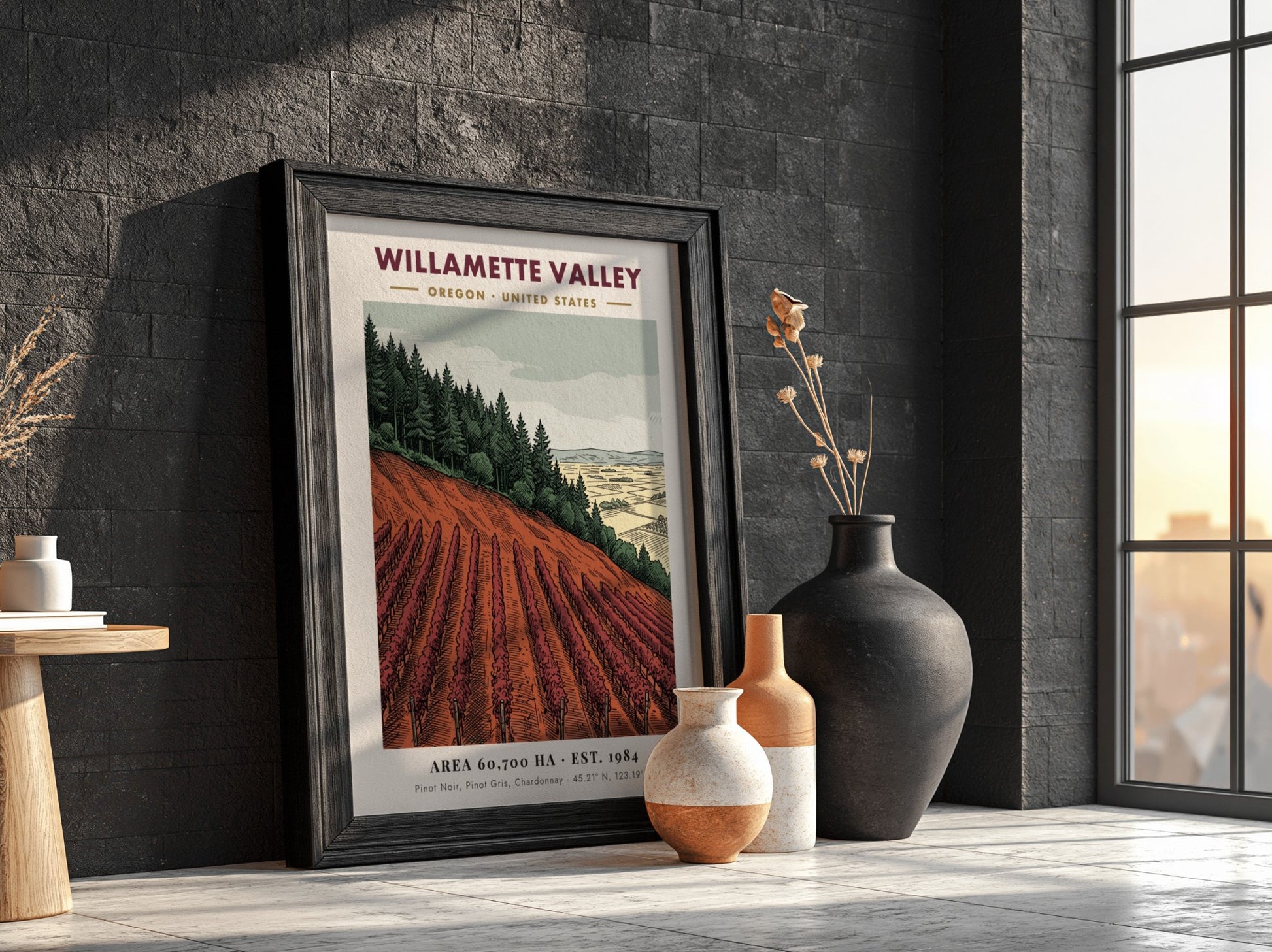 Poster of Willamette Valley vineyard with rows of crimson vines and forest backdrop.