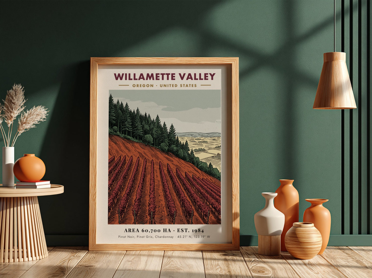 Poster of Willamette Valley vineyard with rows of crimson vines and forest backdrop.