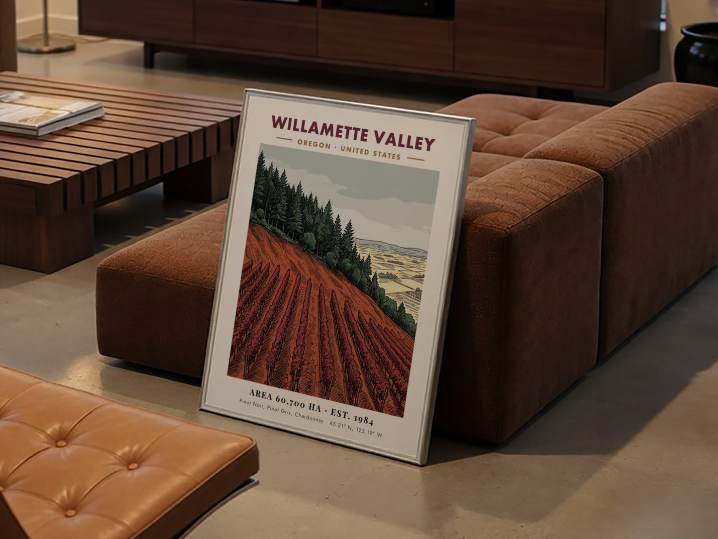 Poster of Willamette Valley vineyard with rows of crimson vines and forest backdrop.