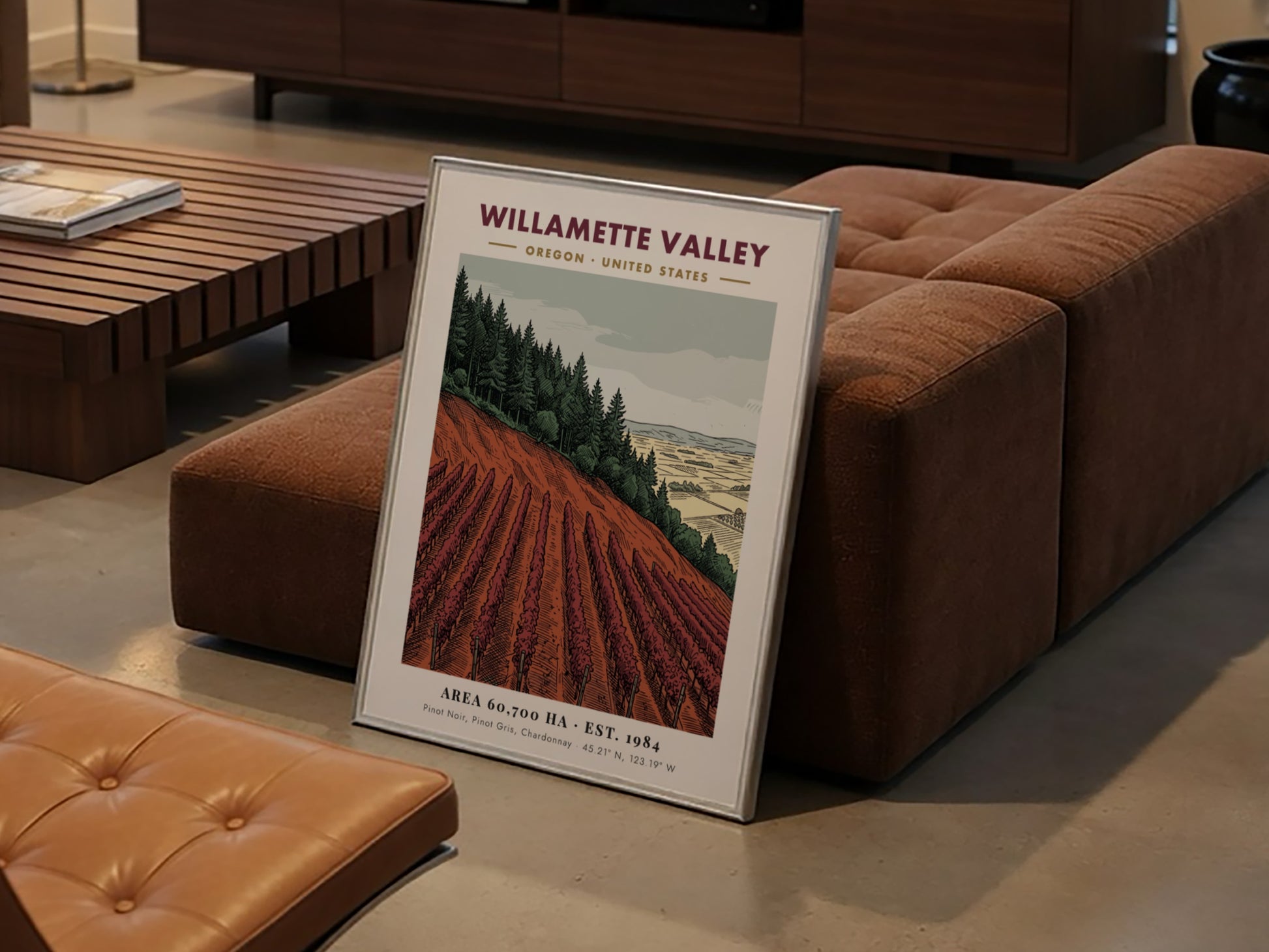Poster of Willamette Valley vineyard with rows of crimson vines and forest backdrop.