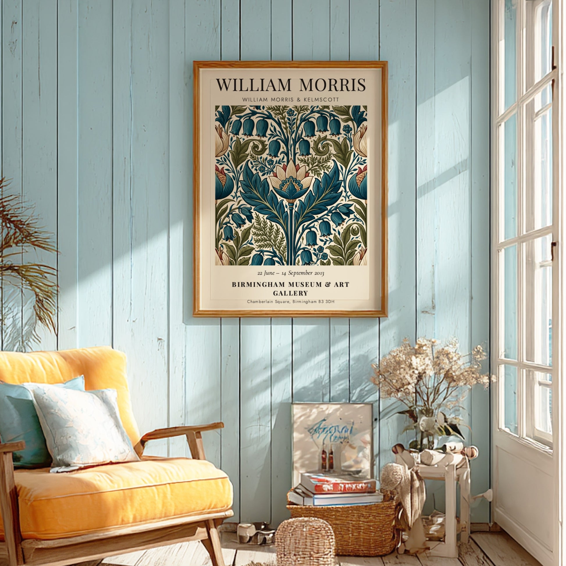 William Morris poster featuring Kelmscott floral design with intricate patterns and rich colors
