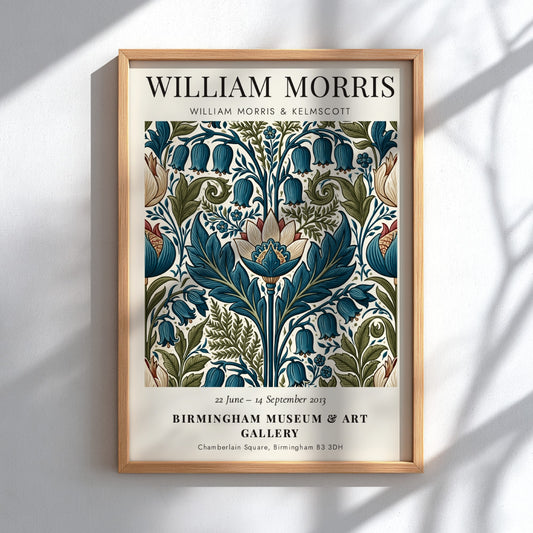 William Morris poster featuring Kelmscott floral design with intricate patterns and rich colors