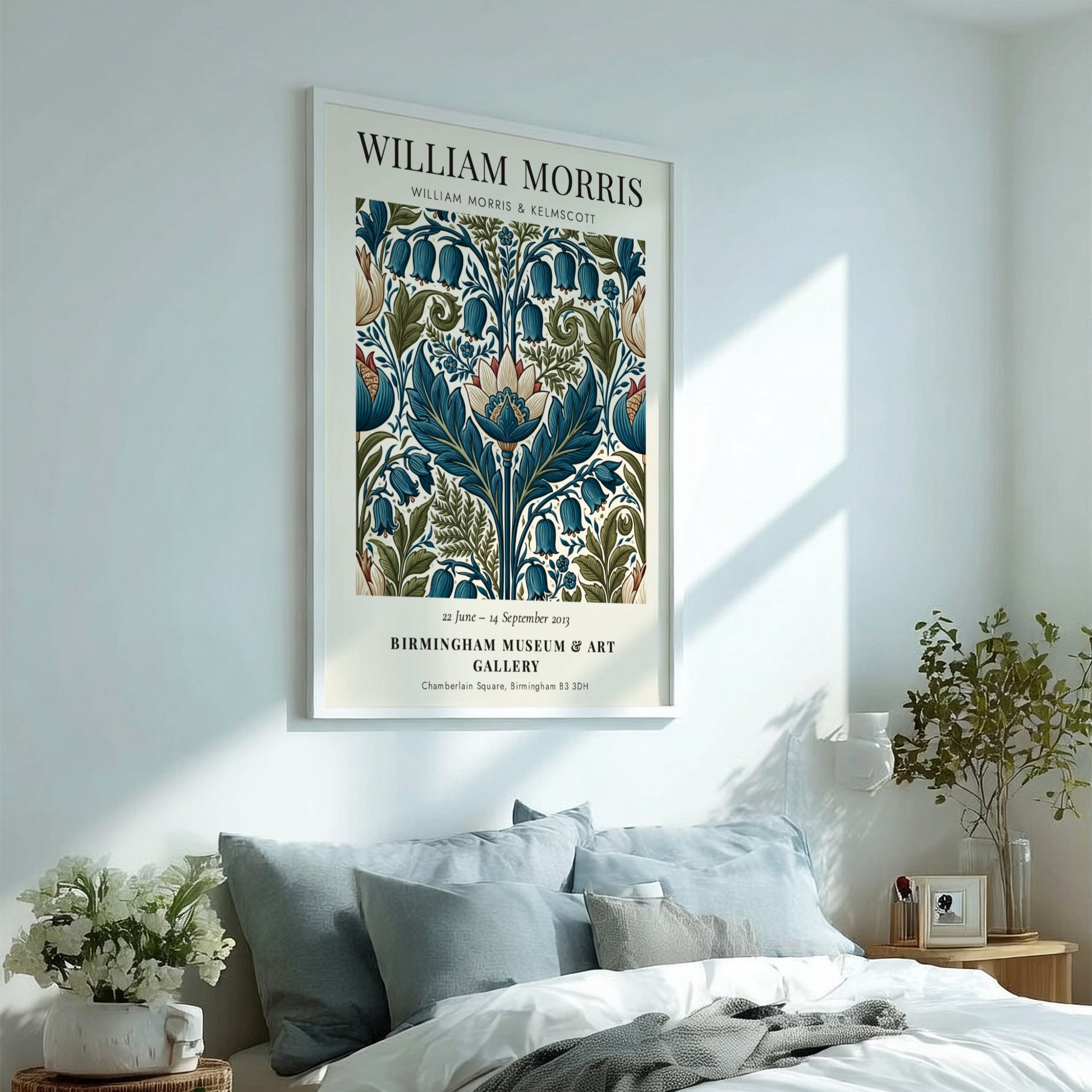 William Morris poster featuring Kelmscott floral design with intricate patterns and rich colors
