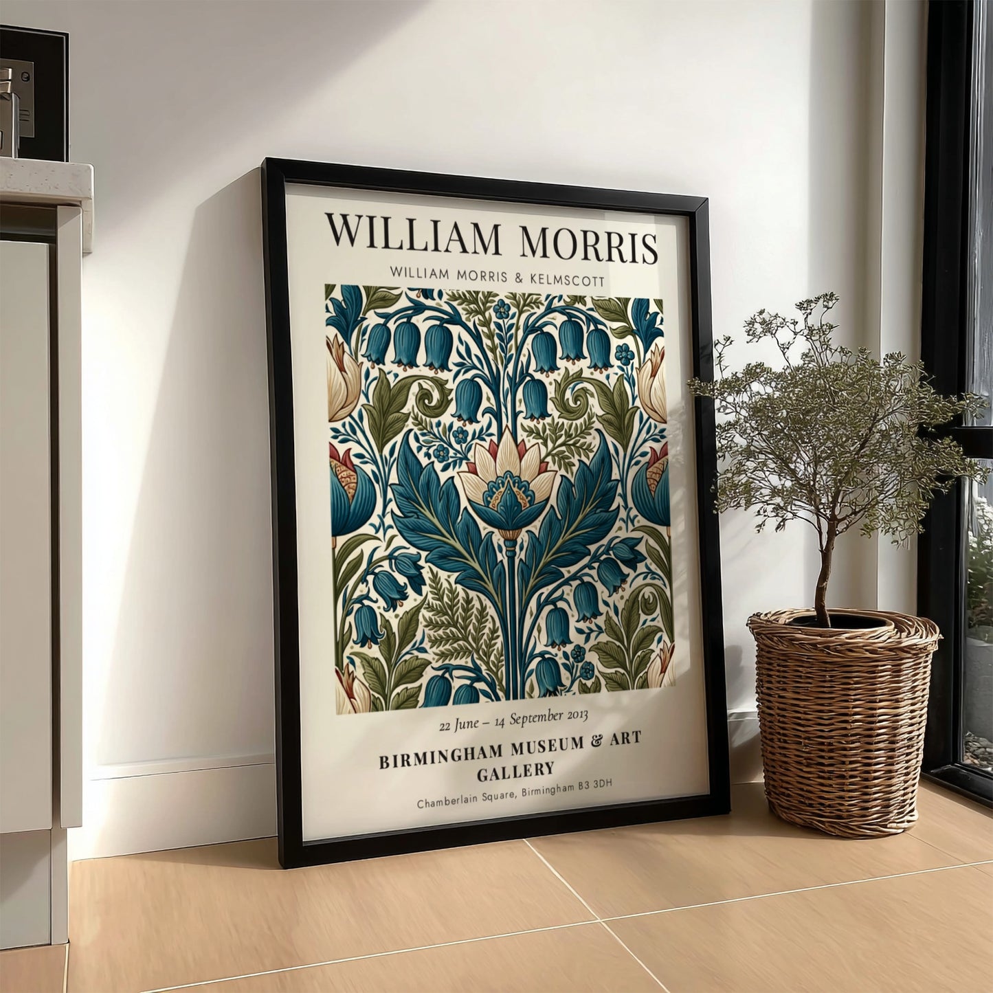 William Morris poster featuring Kelmscott floral design with intricate patterns and rich colors
