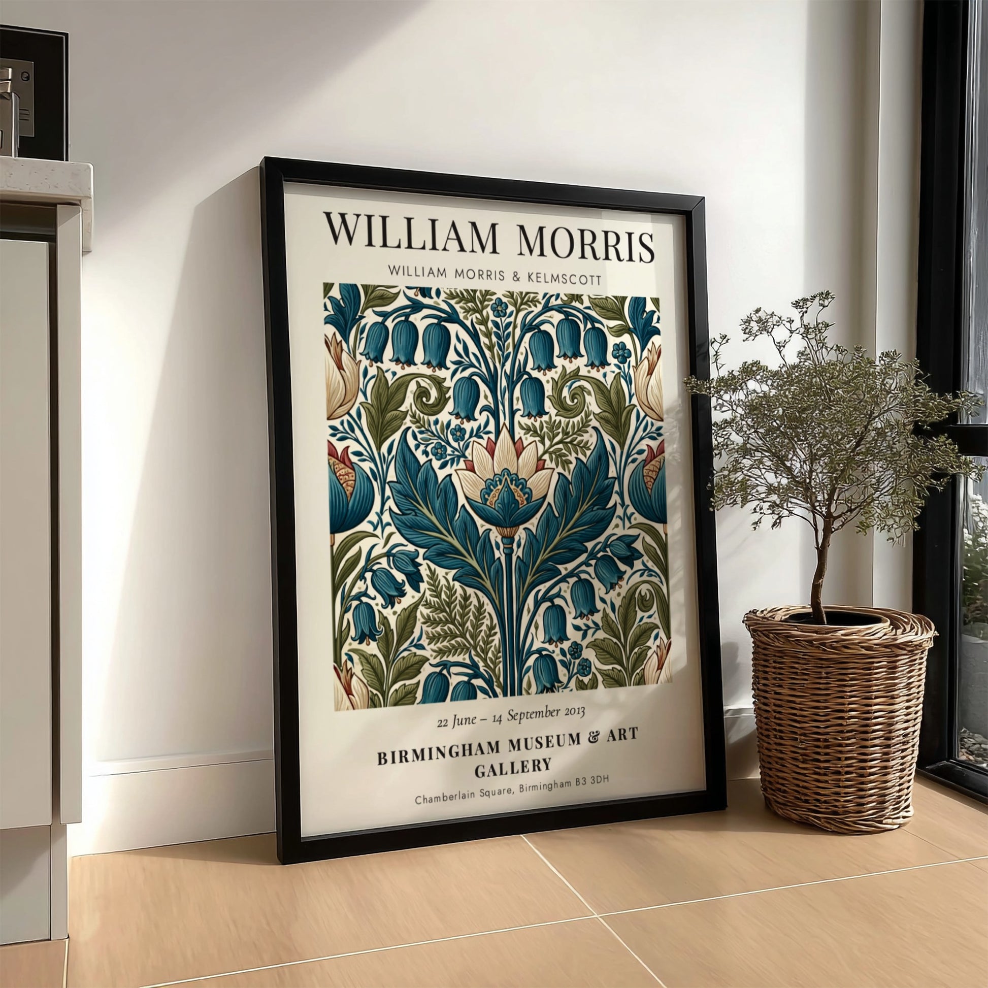 William Morris poster featuring Kelmscott floral design with intricate patterns and rich colors