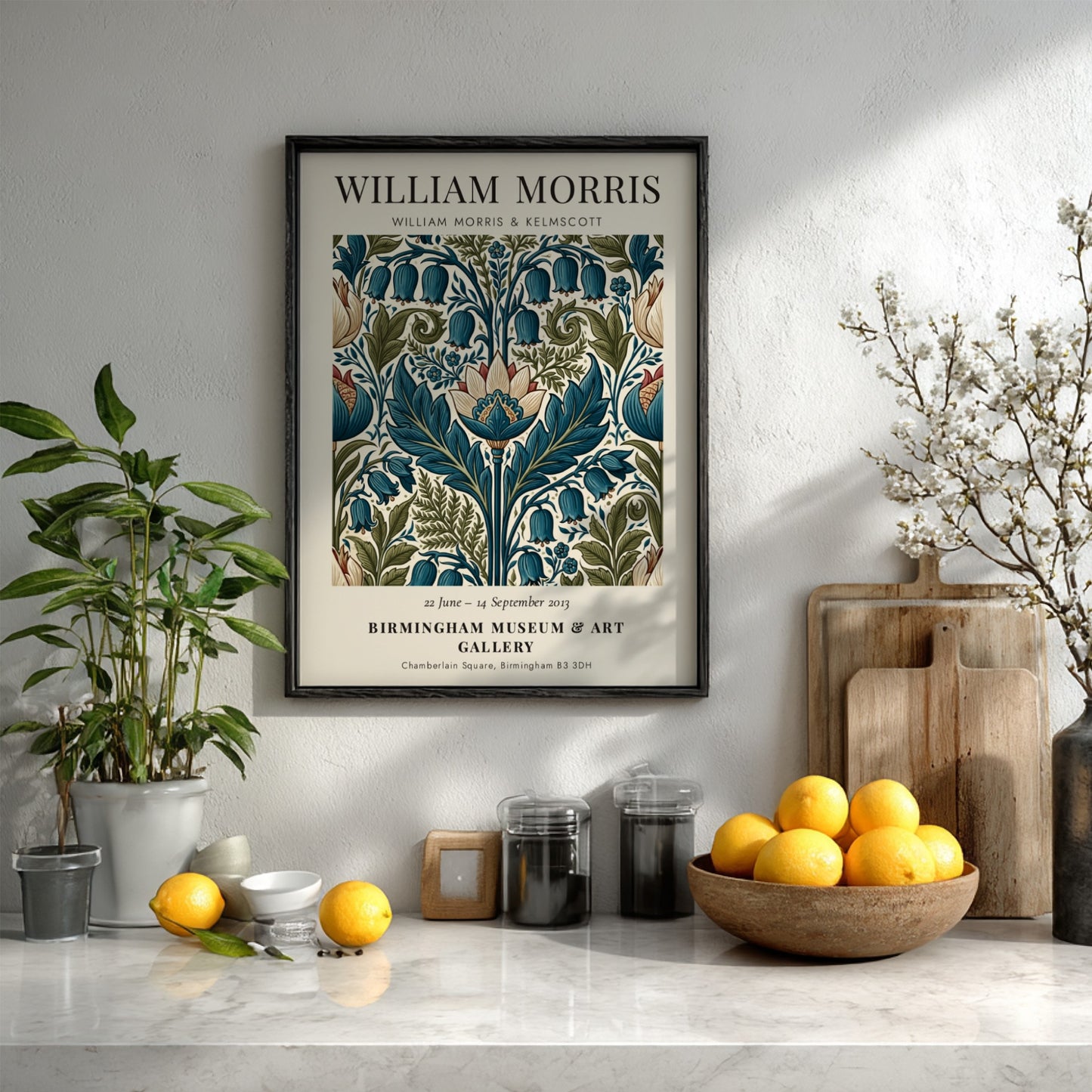 William Morris poster featuring Kelmscott floral design with intricate patterns and rich colors