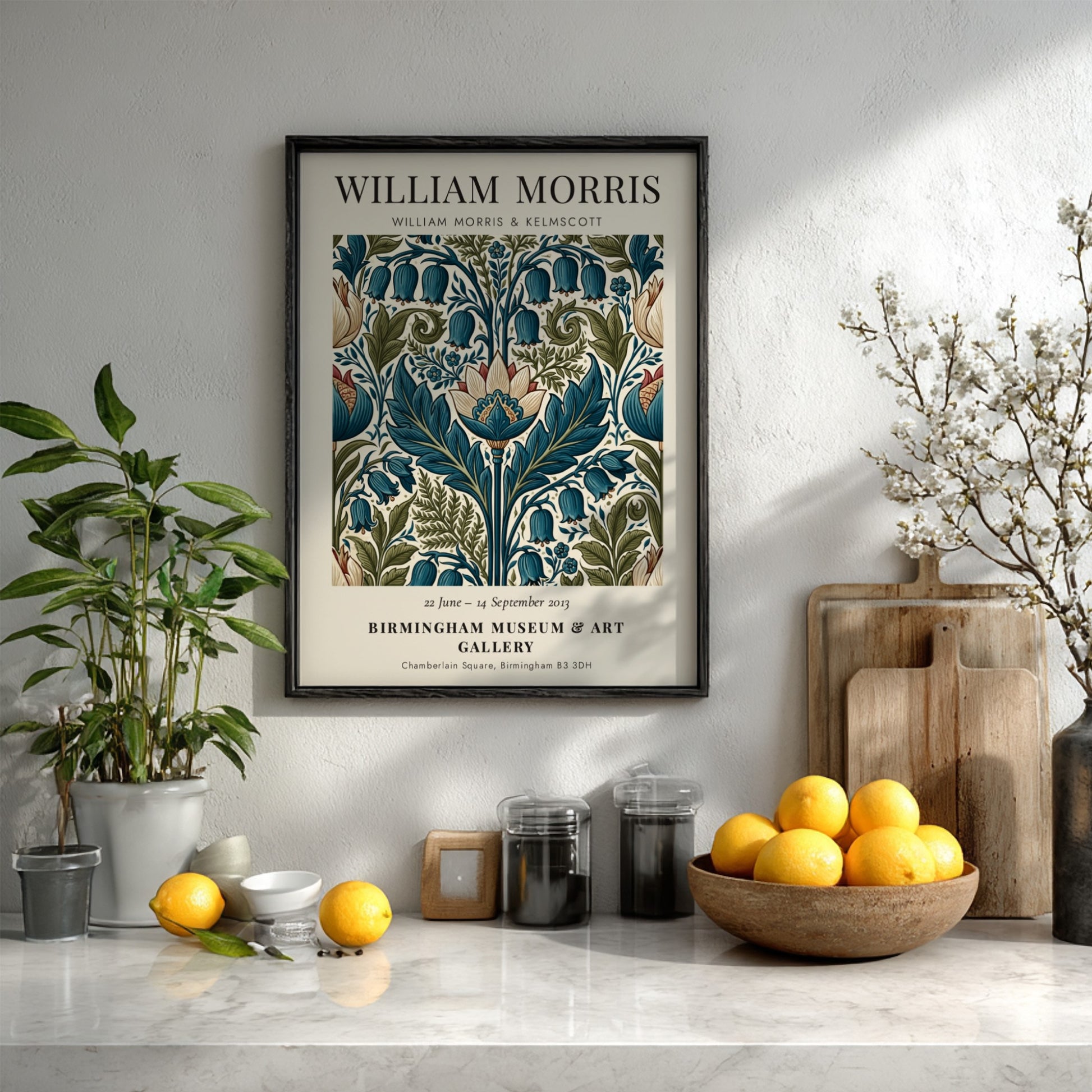 William Morris poster featuring Kelmscott floral design with intricate patterns and rich colors