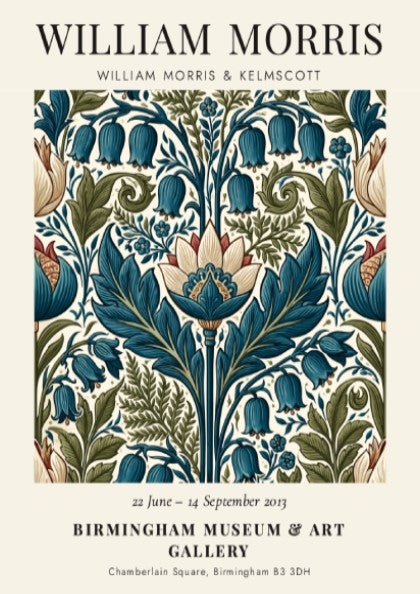 William Morris poster featuring Kelmscott floral design with intricate patterns and rich colors