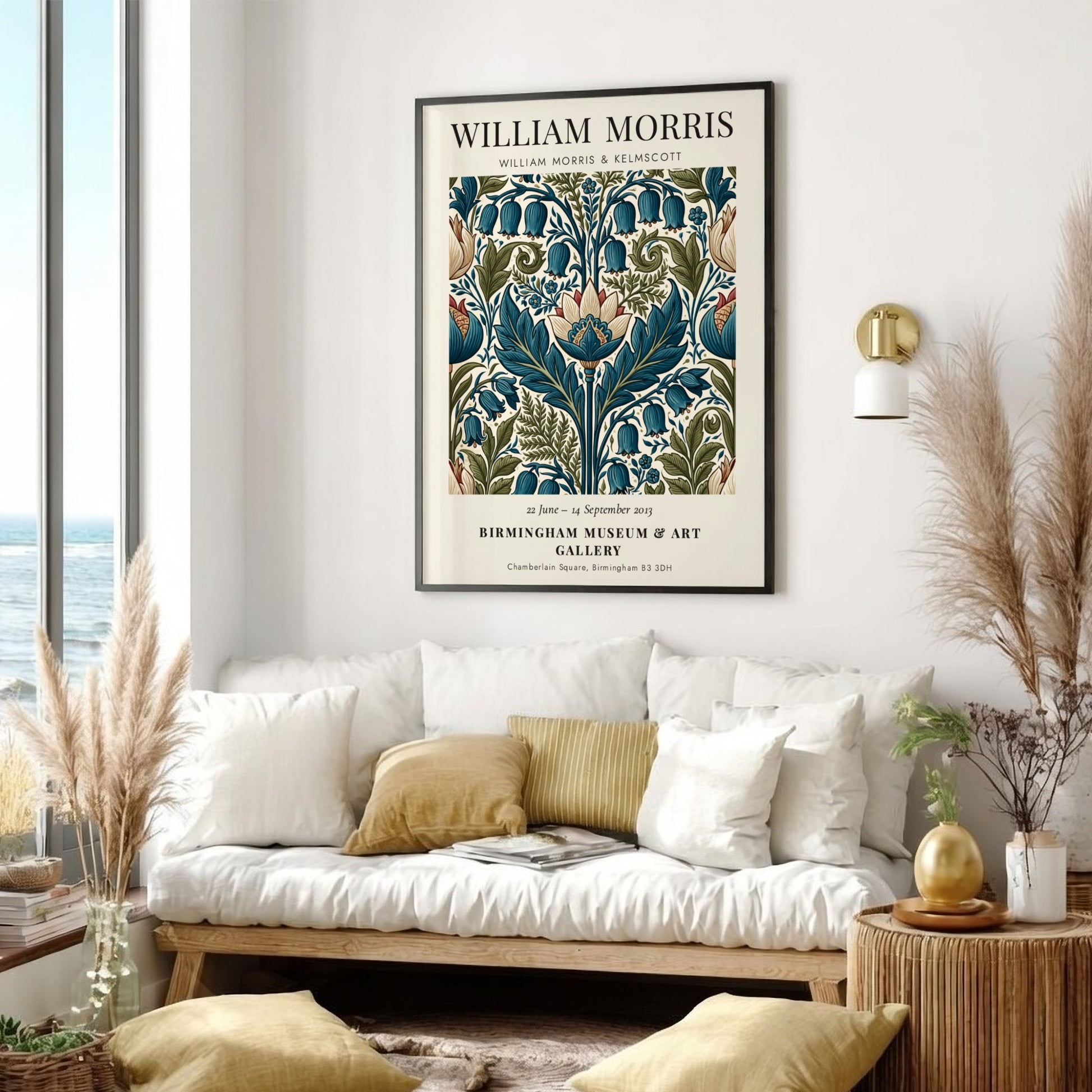 William Morris poster featuring Kelmscott floral design with intricate patterns and rich colors
