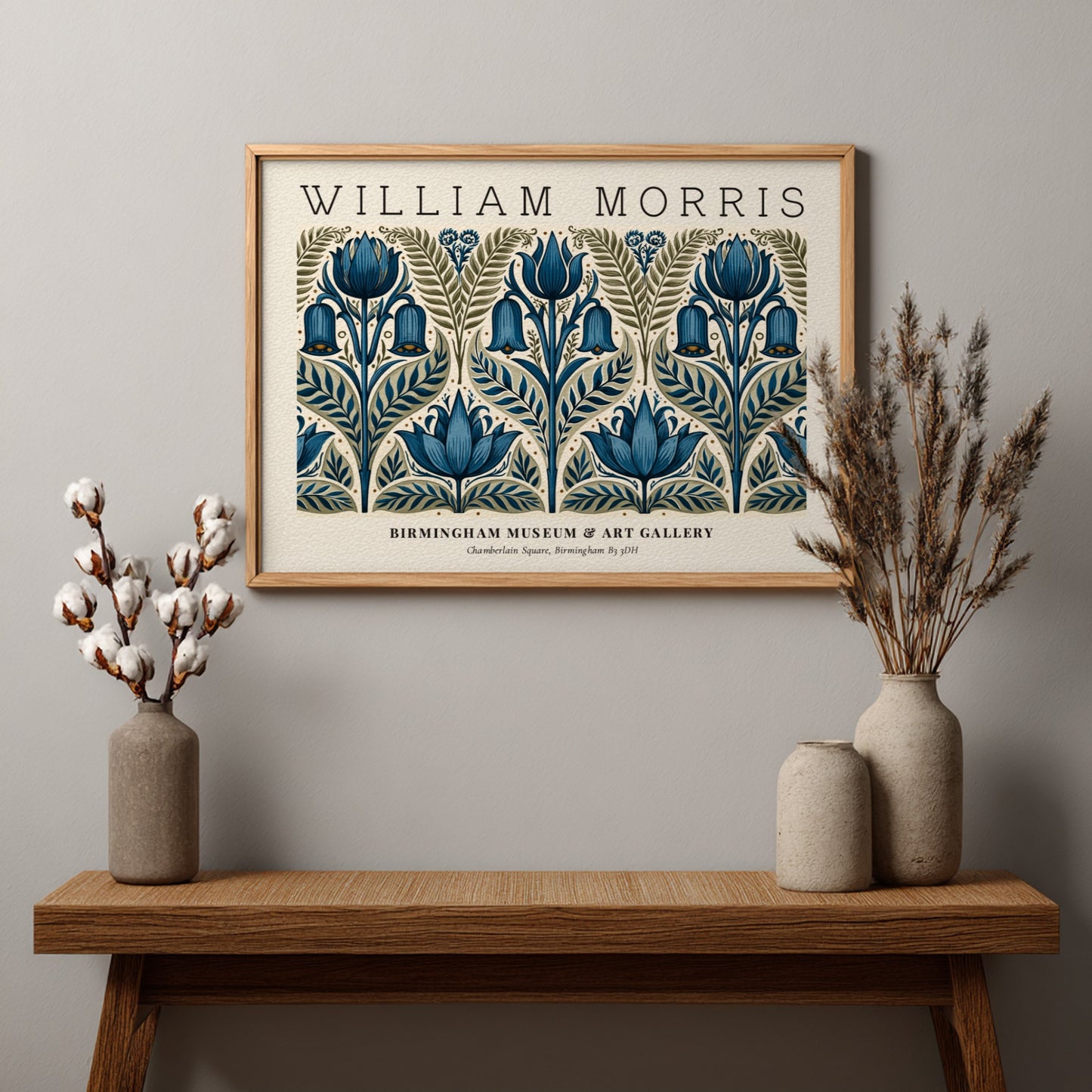 William Morris floral poster featuring intricate blue and green botanical designs, vintage wall art print