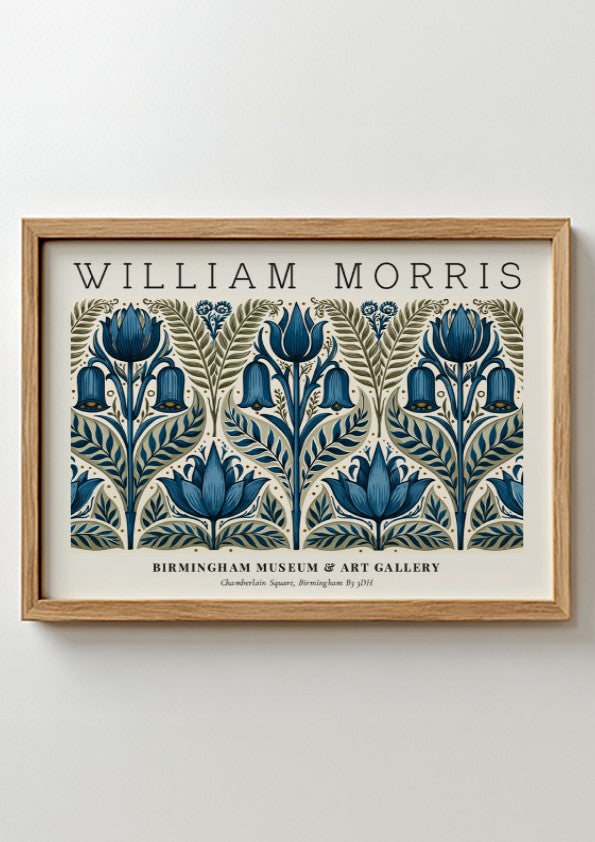 William Morris floral poster featuring intricate blue and green botanical designs, vintage wall art print