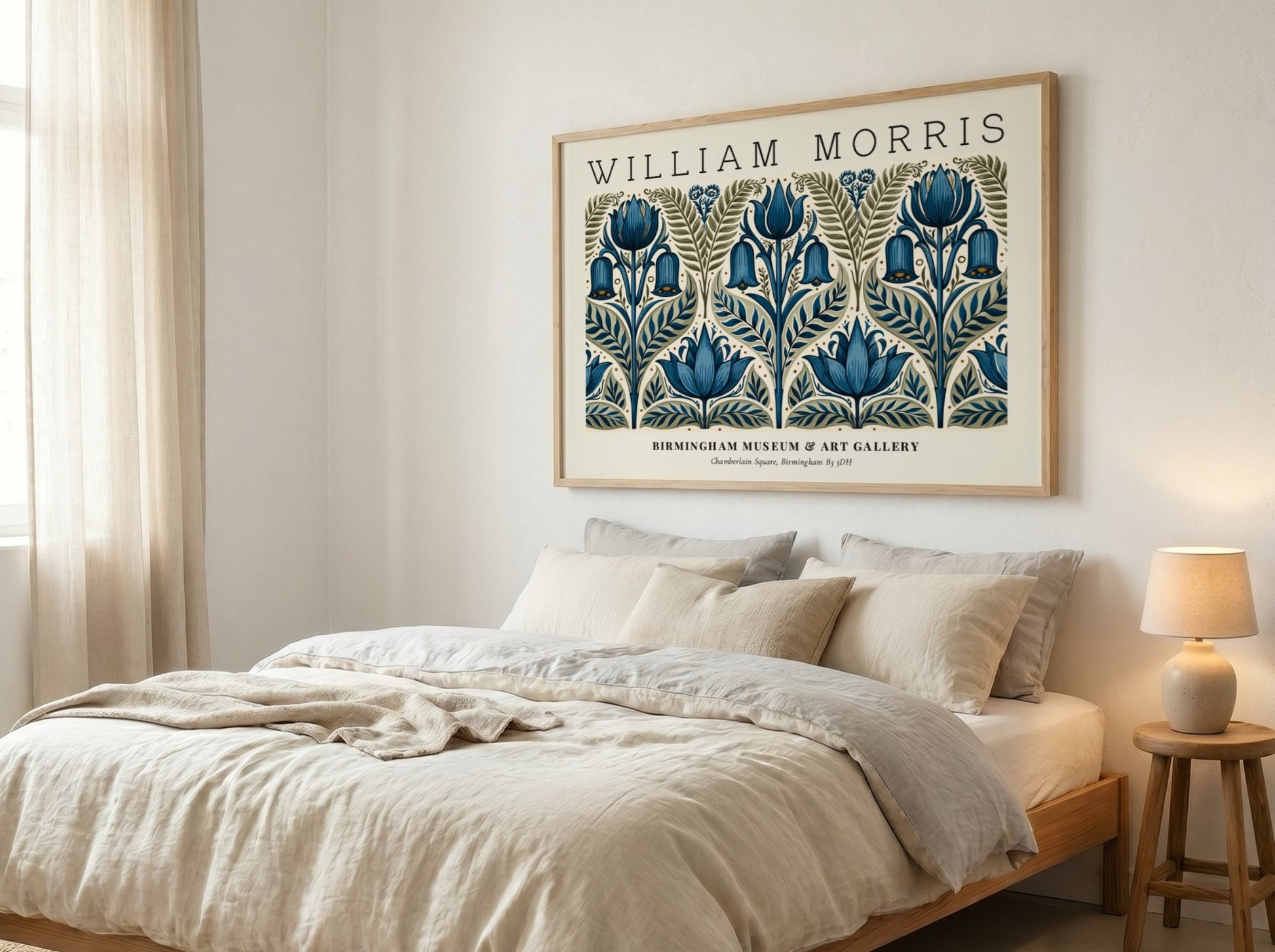 William Morris floral poster featuring intricate blue and green botanical designs, vintage wall art print
