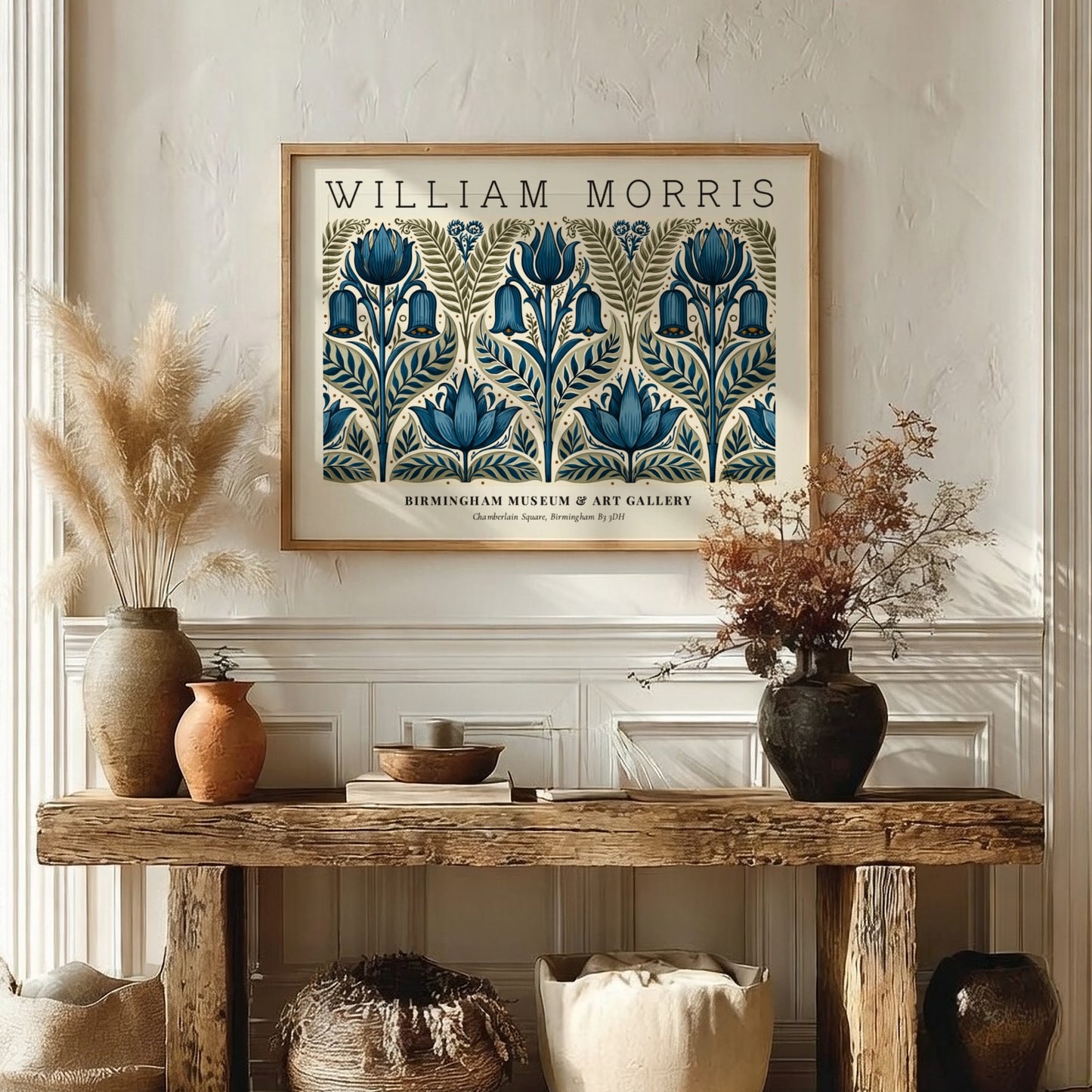 William Morris floral poster featuring intricate blue and green botanical designs, vintage wall art print