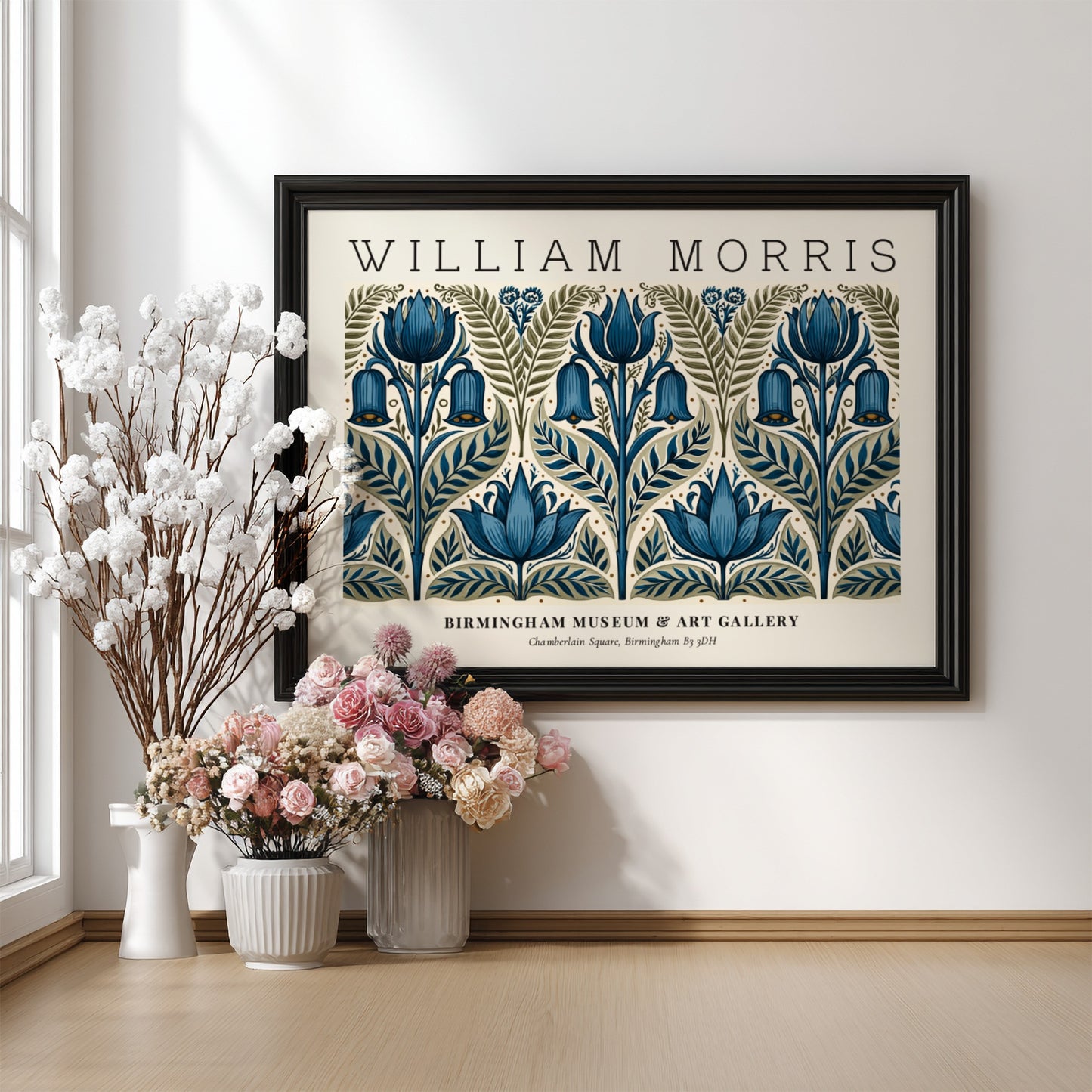 William Morris floral poster featuring intricate blue and green botanical designs, vintage wall art print