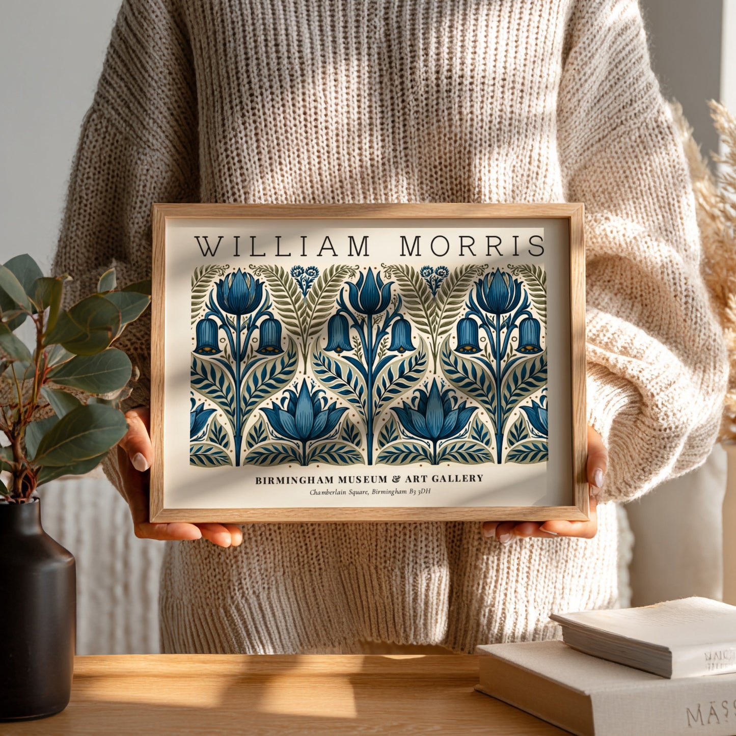 William Morris floral poster featuring intricate blue and green botanical designs, vintage wall art print