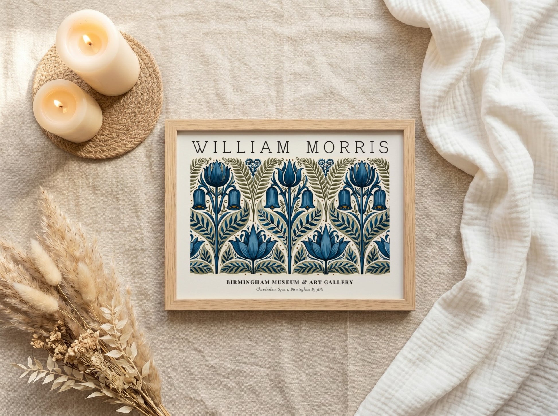 William Morris floral poster featuring intricate blue and green botanical designs, vintage wall art print