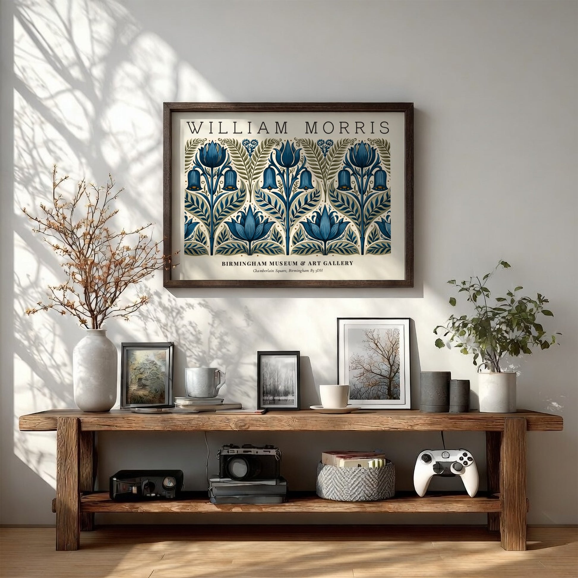 William Morris floral poster featuring intricate blue and green botanical designs, vintage wall art print