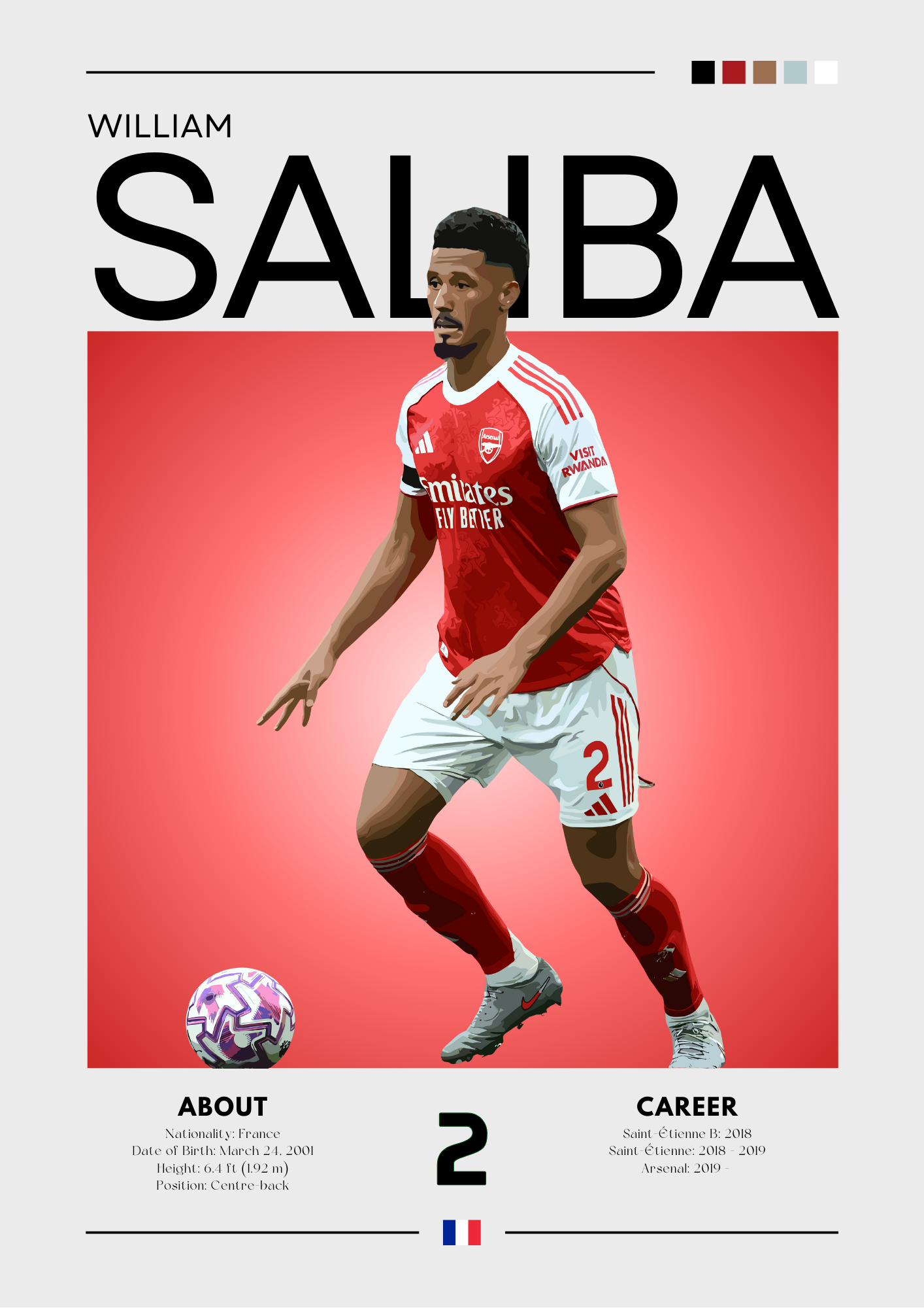 Soccer player in a red and white uniform with 'William Saliba' text on a red background