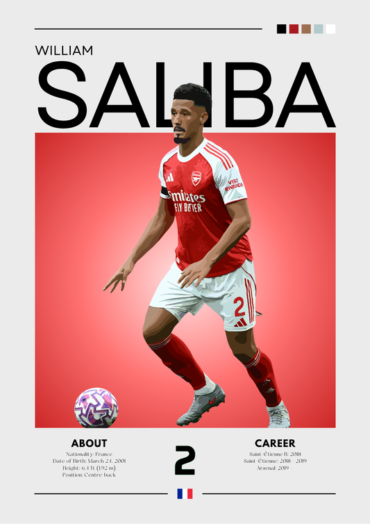 Soccer player in a red and white uniform with 'William Saliba' text on a red background