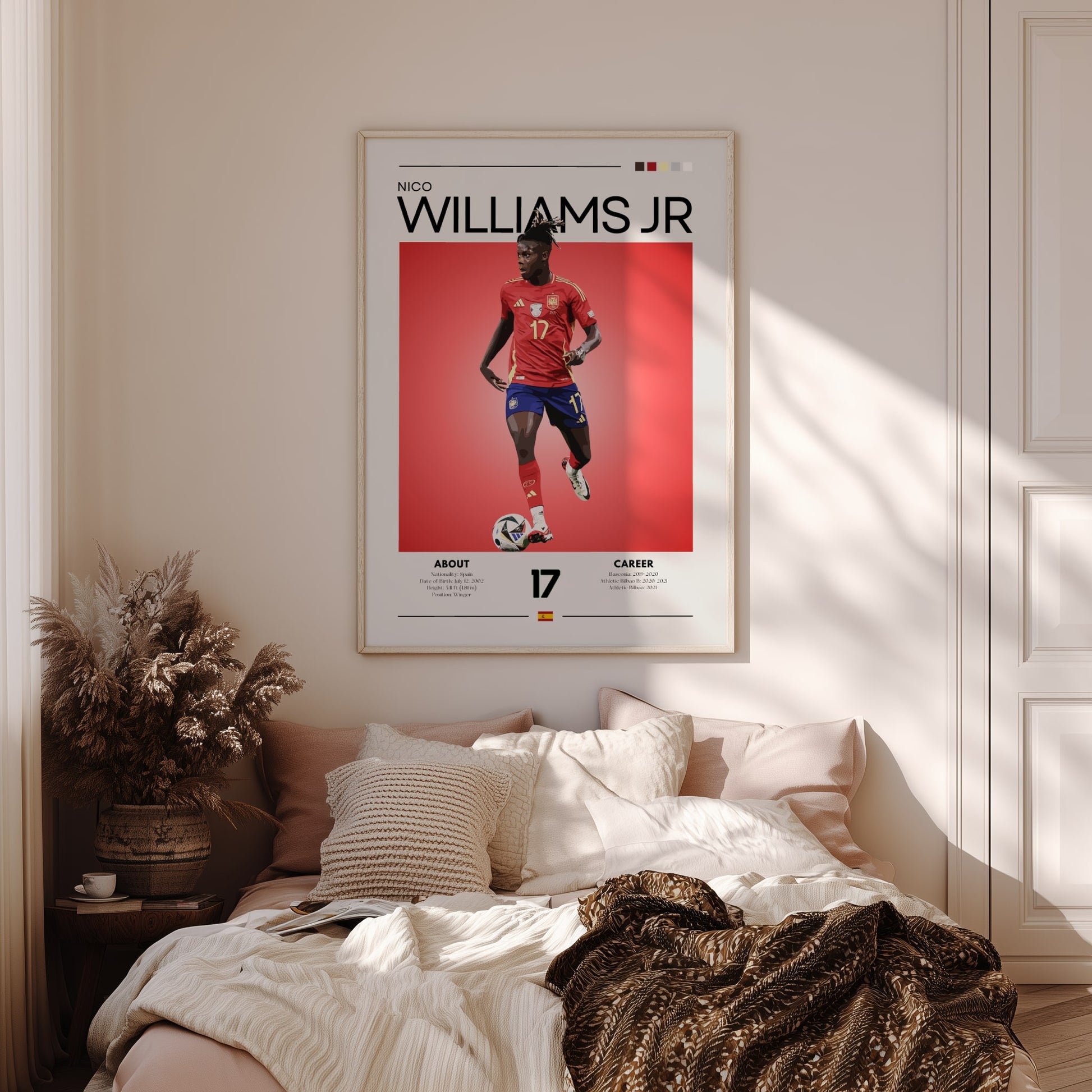 Poster of a soccer player named Williams Jr. on a wall above a bed in a bedroom.