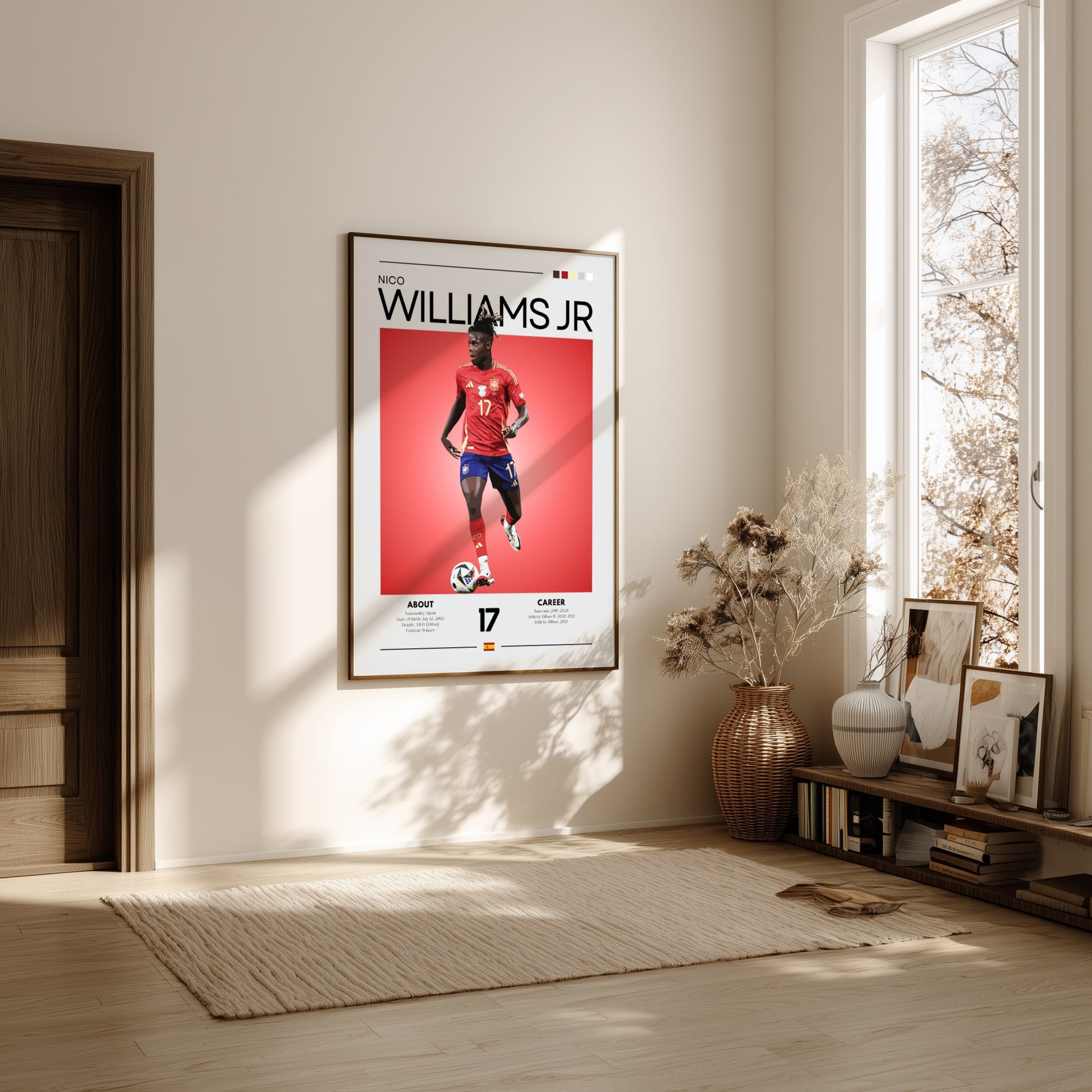 Framed sports poster of a player named Williams Jr. in a room with a window and bookshelf.