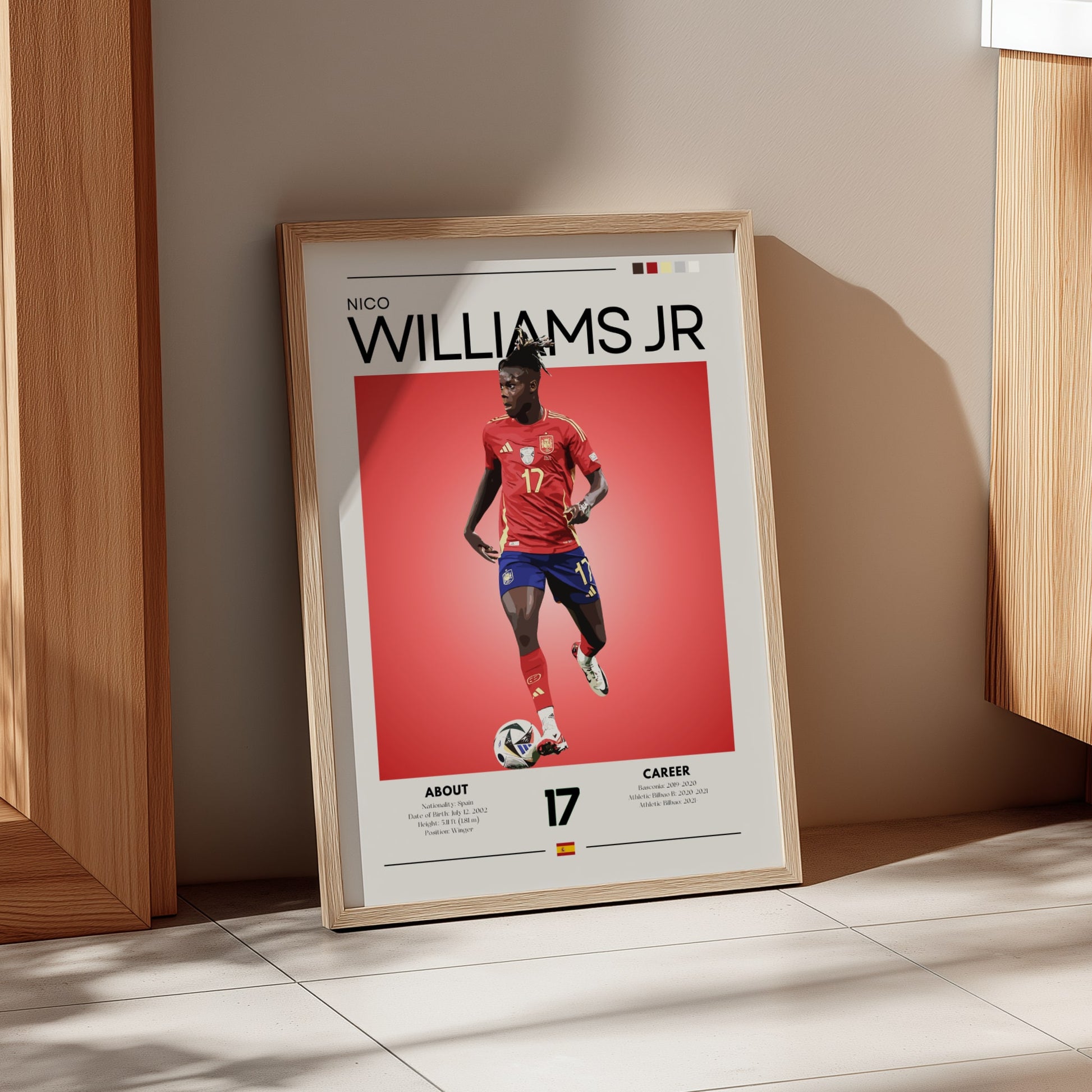 Framed poster of a soccer player with 'Nico Williams Jr.' on a red background