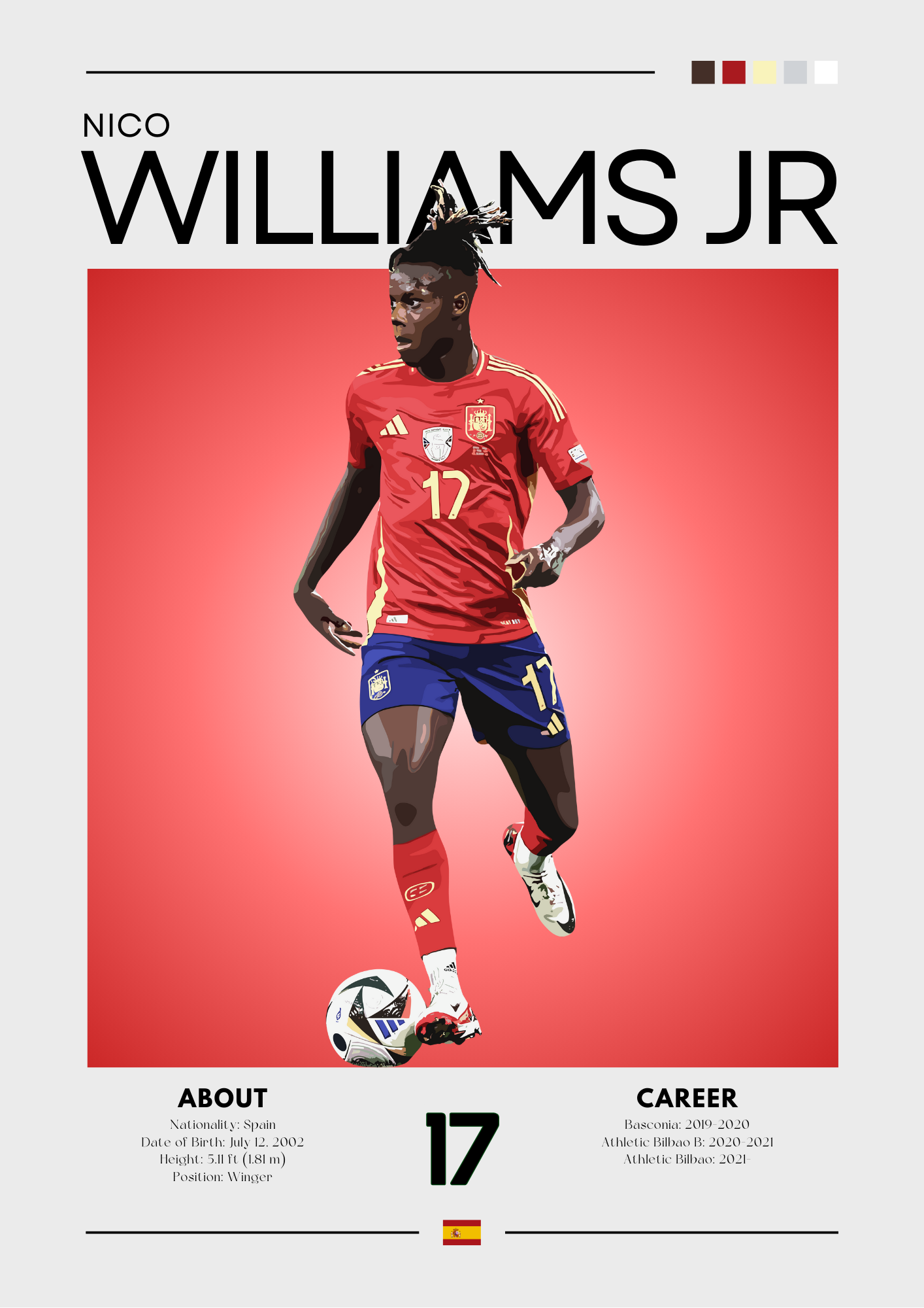 Soccer player in red and blue uniform with ball on red background