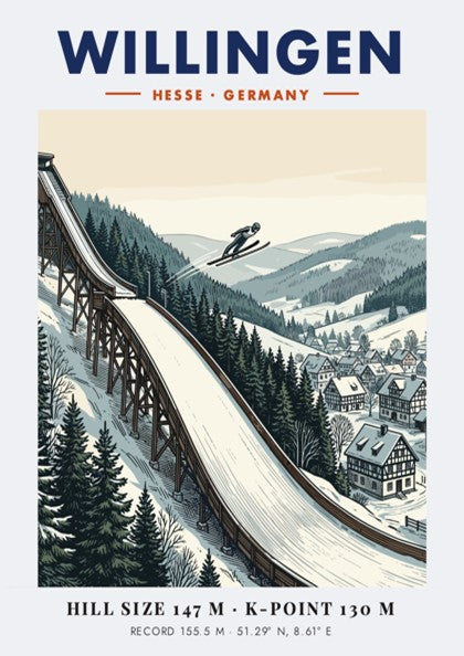 Poster of a ski jumper at the Willingen hill in Hesse Germany winter landscape