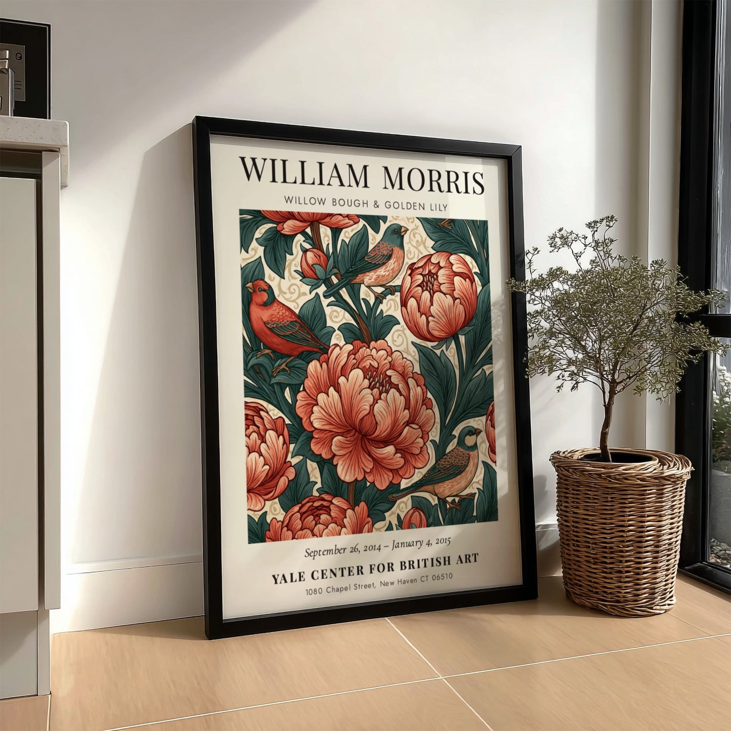 William Morris poster featuring floral motifs in red and green colors, ideal for wall decor