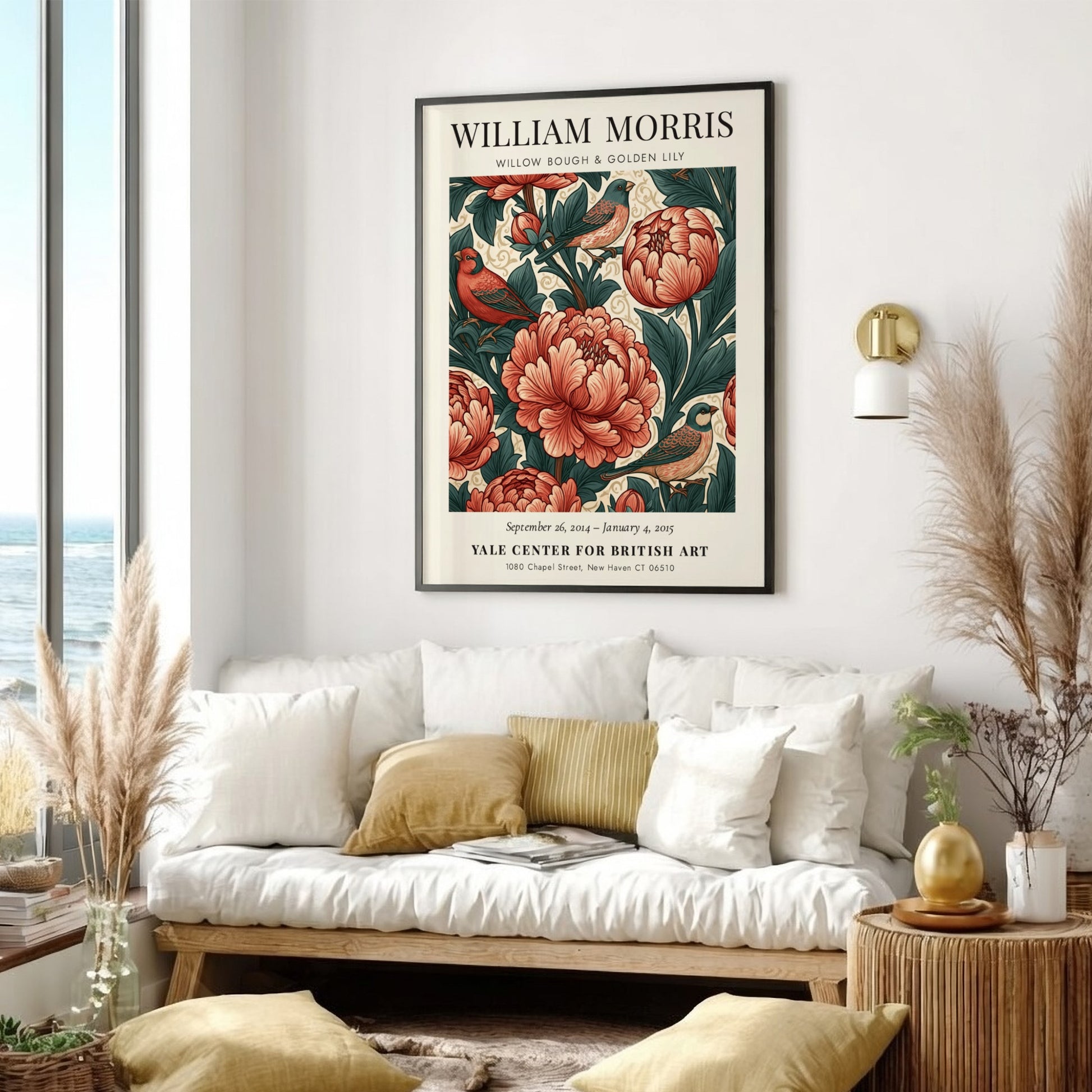 William Morris poster featuring floral motifs in red and green colors, ideal for wall decor