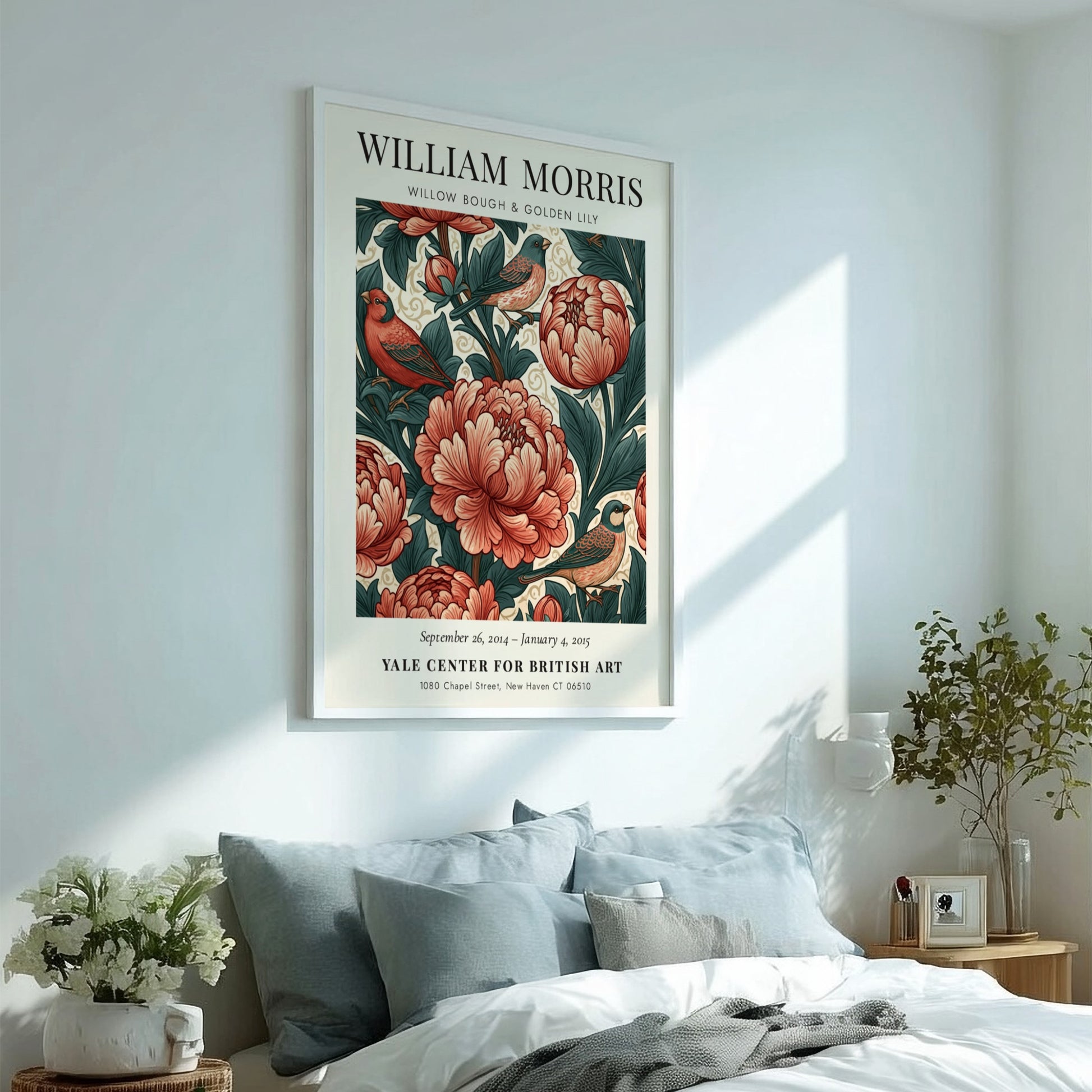 William Morris poster featuring floral motifs in red and green colors, ideal for wall decor